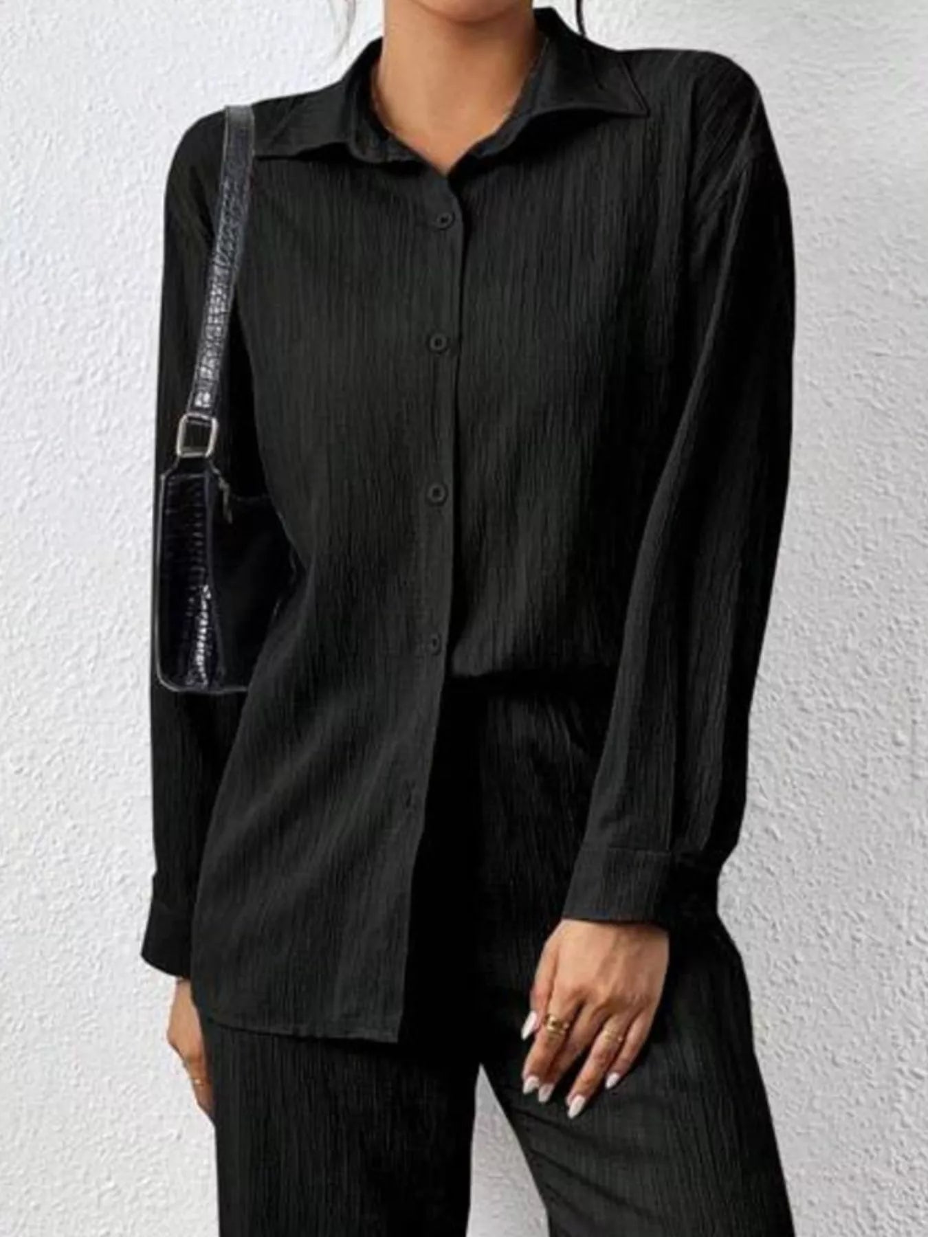 Button Up Long Sleeve Shirt and Pants Set Trendsi