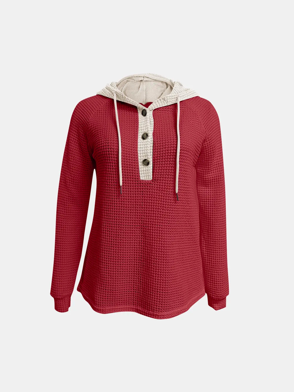 Full Size Waffle-Knit Contrast Long Sleeve Hoodie Trendsi