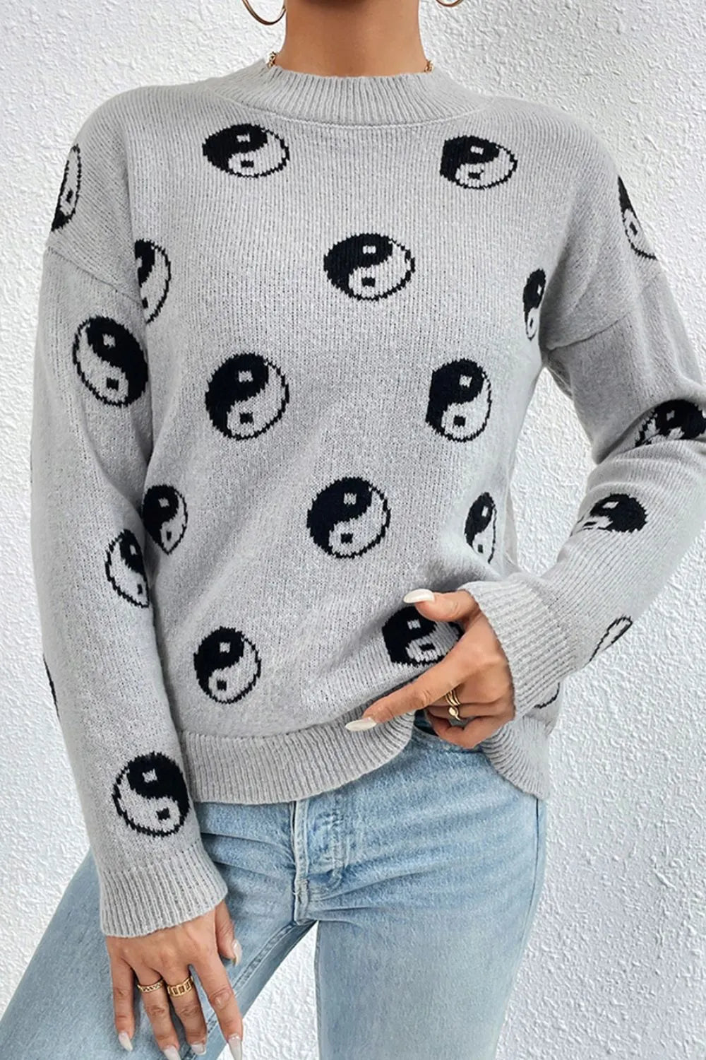 Women Graphic Mock Neck Dropped Shoulder Sweater
