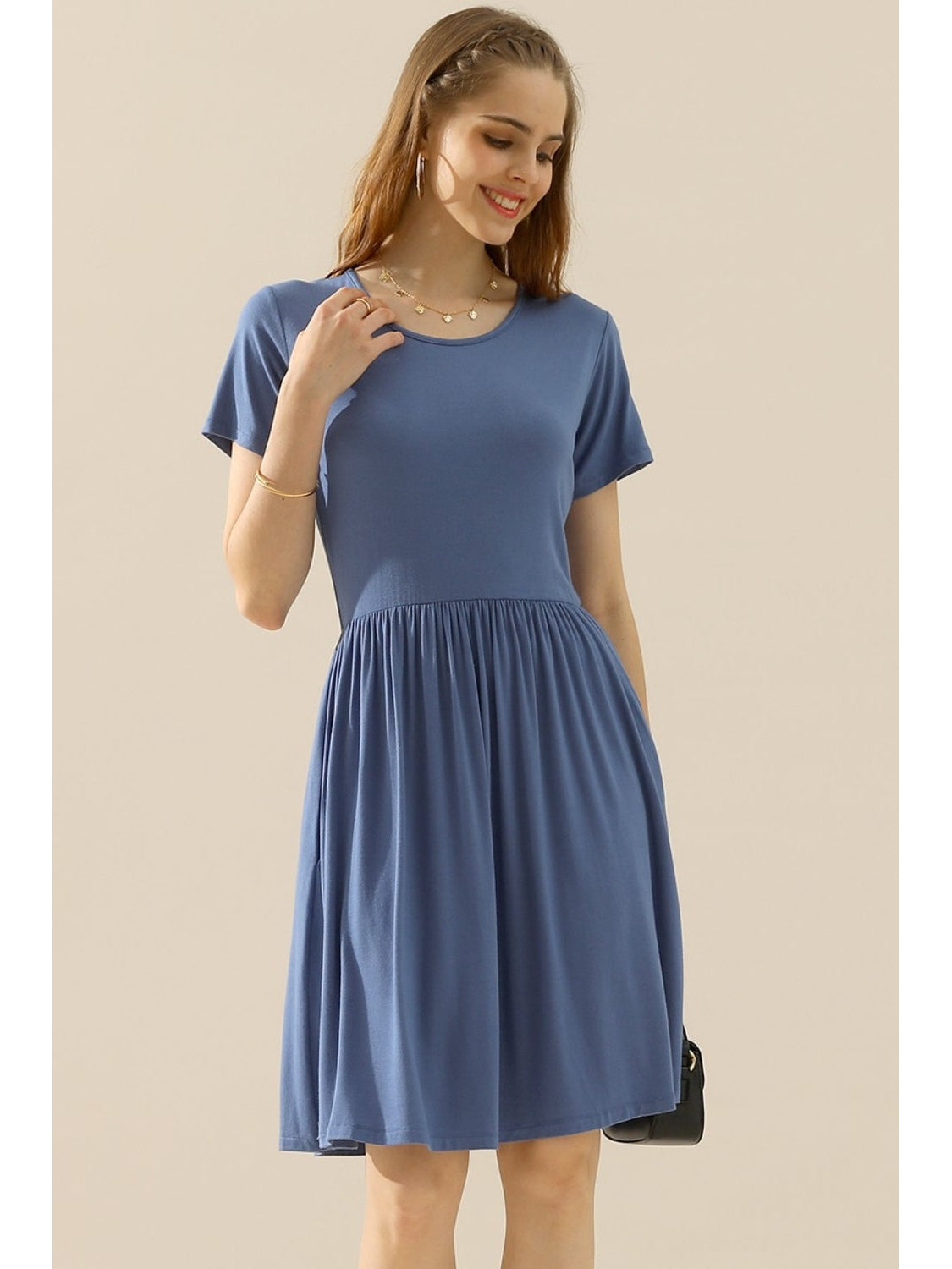 Ninexis Full Size Round Neck Ruched Dress with Pockets nicholesgifts