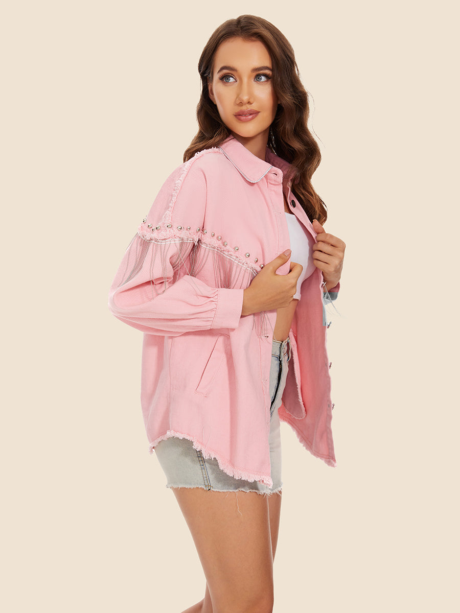 Raw Hem Fringe Detail Denim Jacket nicholesgifts