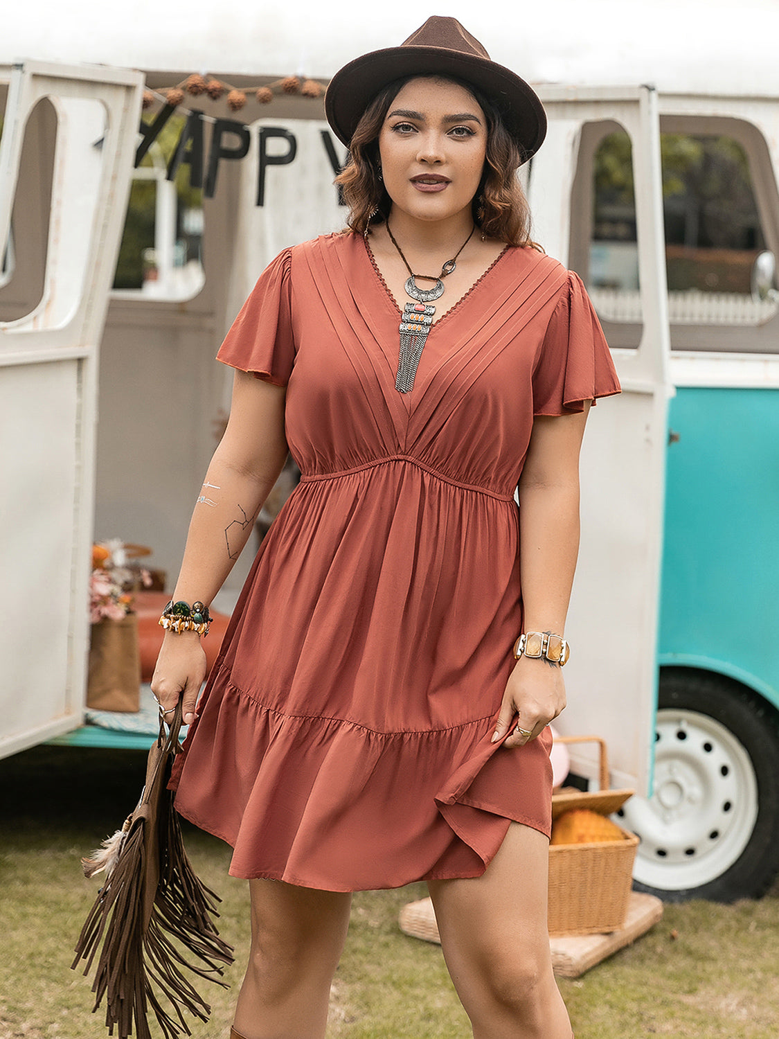 Double Take Plus Size Ruffle Hem V-Neck Short Sleeve Dress nicholesgifts