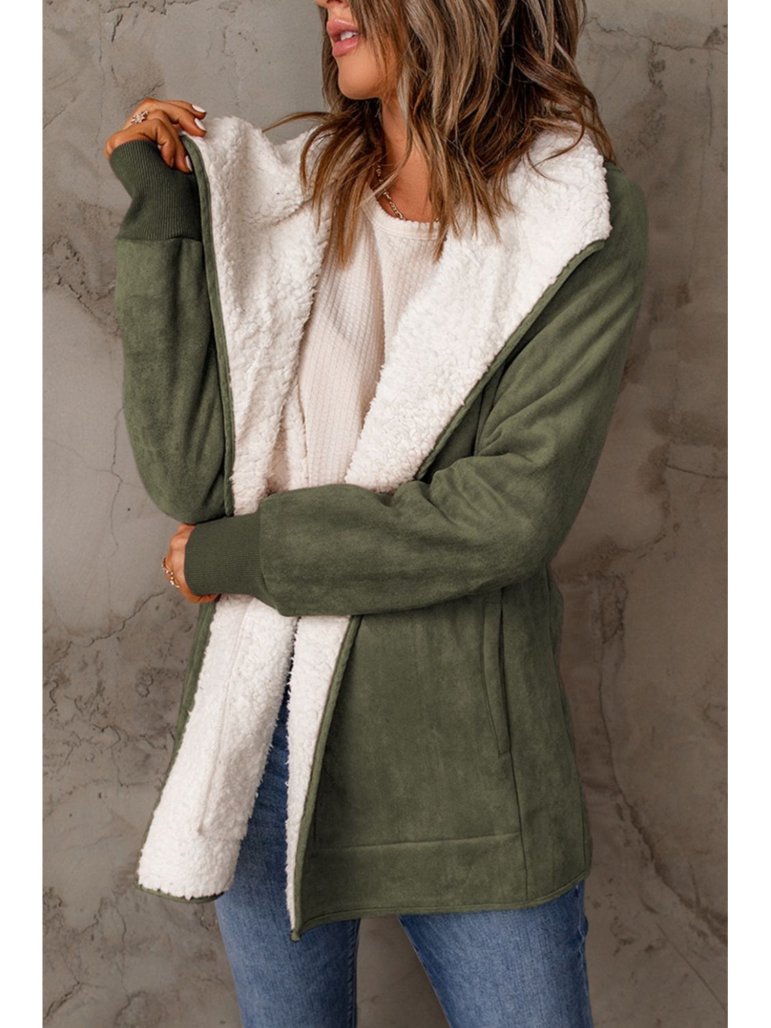 Open Front Long Sleeve Sherpa Jacket with Pockets nicholesgifts