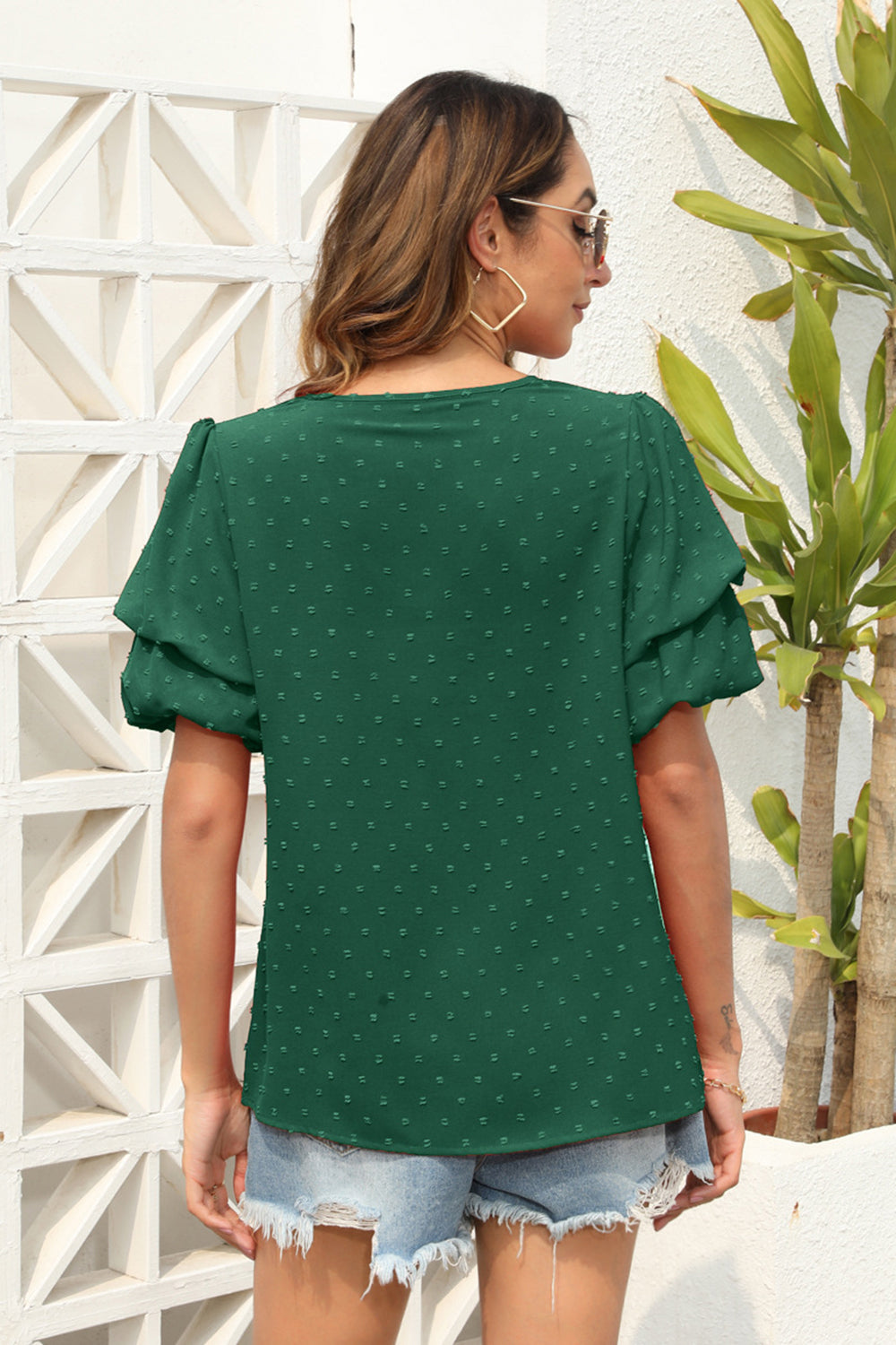 Swiss Dot V-Neck Short Sleeve Blouse nicholesgifts