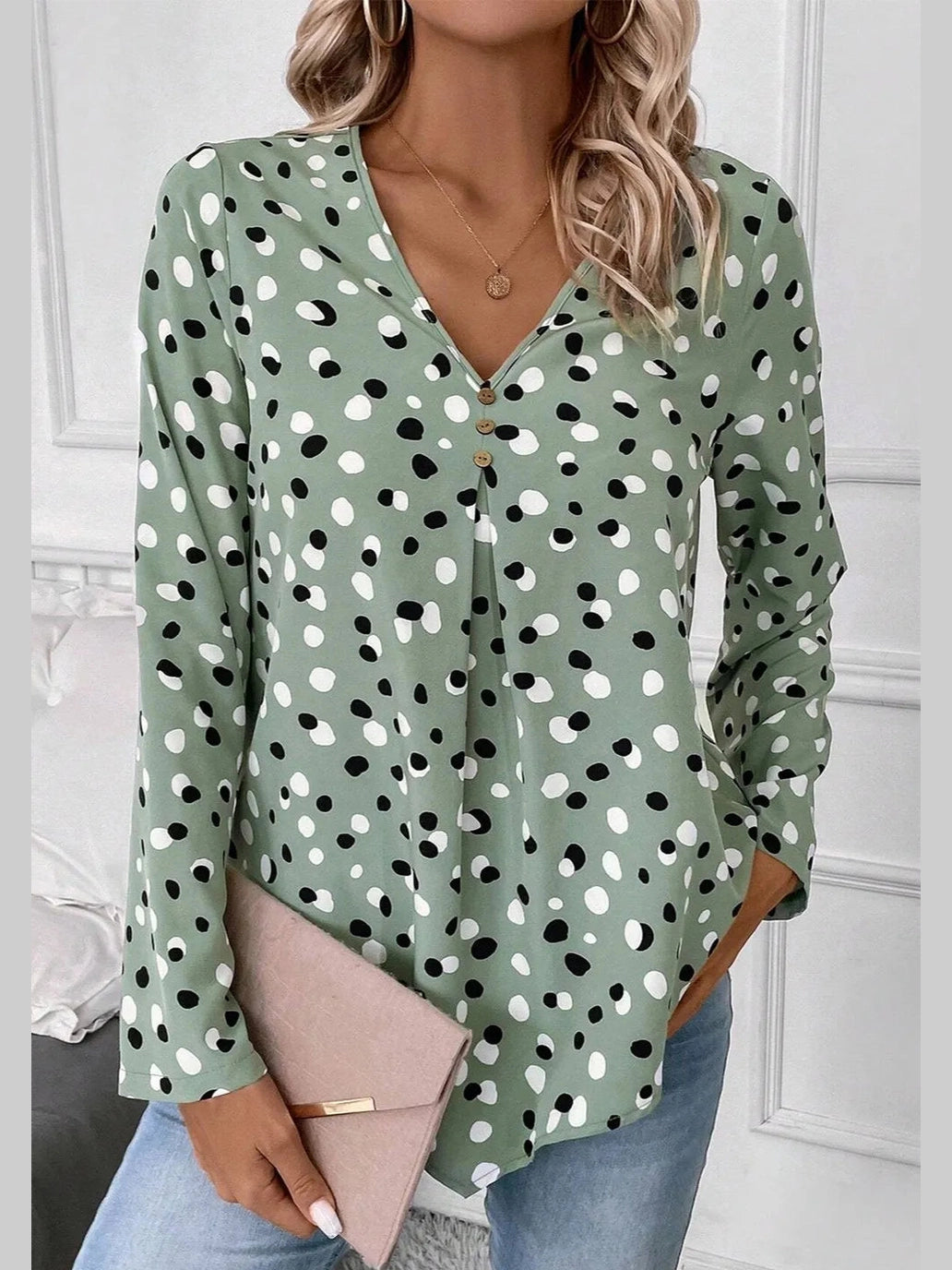 Printed V-Neck Long Sleeve Blouse NicholesGifts
