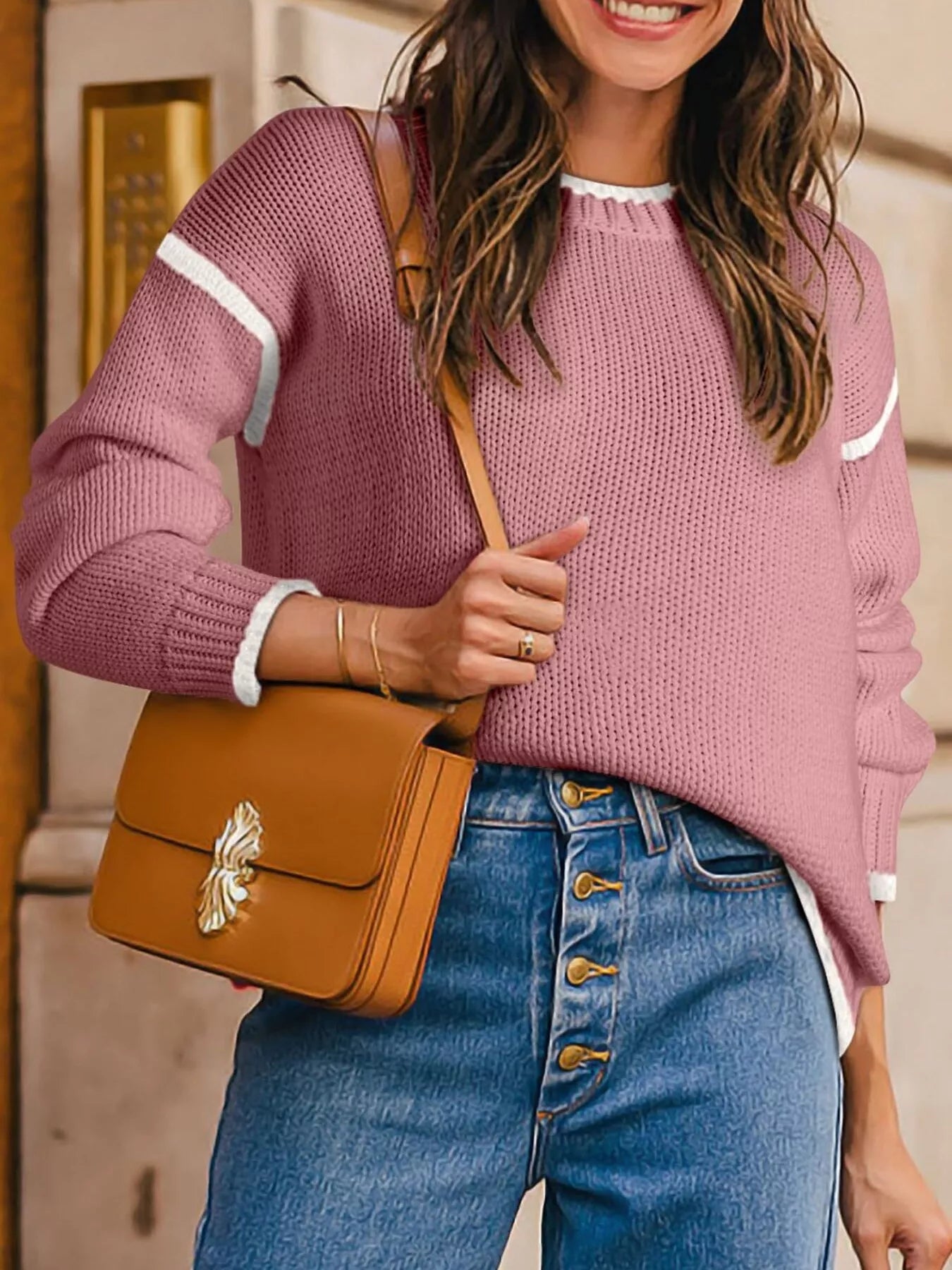 Contrast Trim Long Sleeve Sweater Trendsi