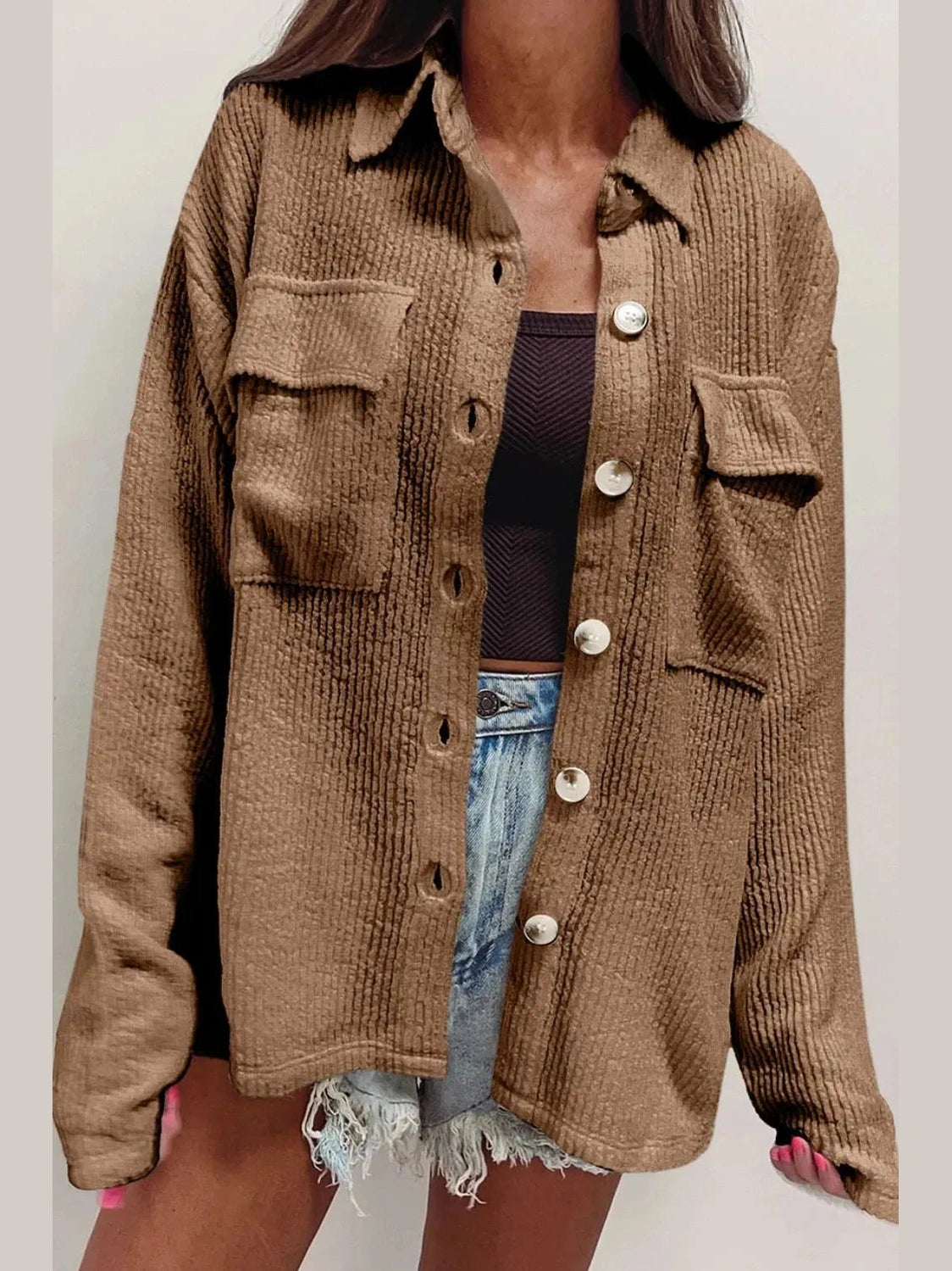 Button Up Long Sleeve Shacket Trendsi