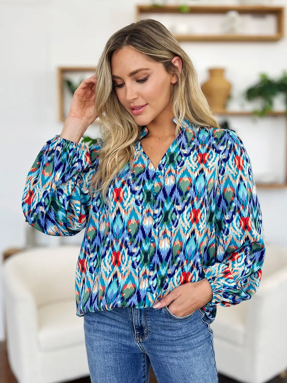 Double Take Full Size Printed Balloon Sleeve Blouse nicholesgifts