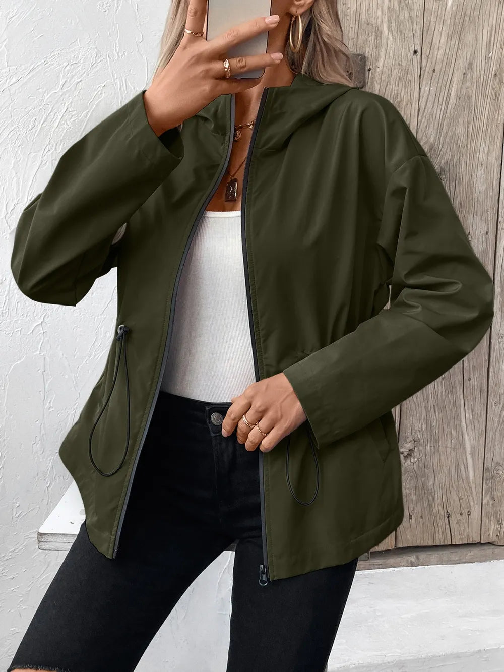 Ivy Lane Drawstring Zip Up Hooded Jacket nicholesgifts
