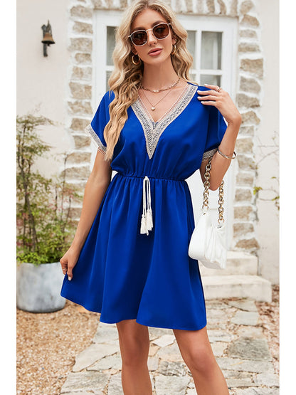 Women Tassel V-Neck Short Sleeve Summer Dress nicholesgifts