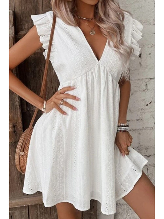 Women Eyelet Ruffled Cap Sleeve Mini Dress