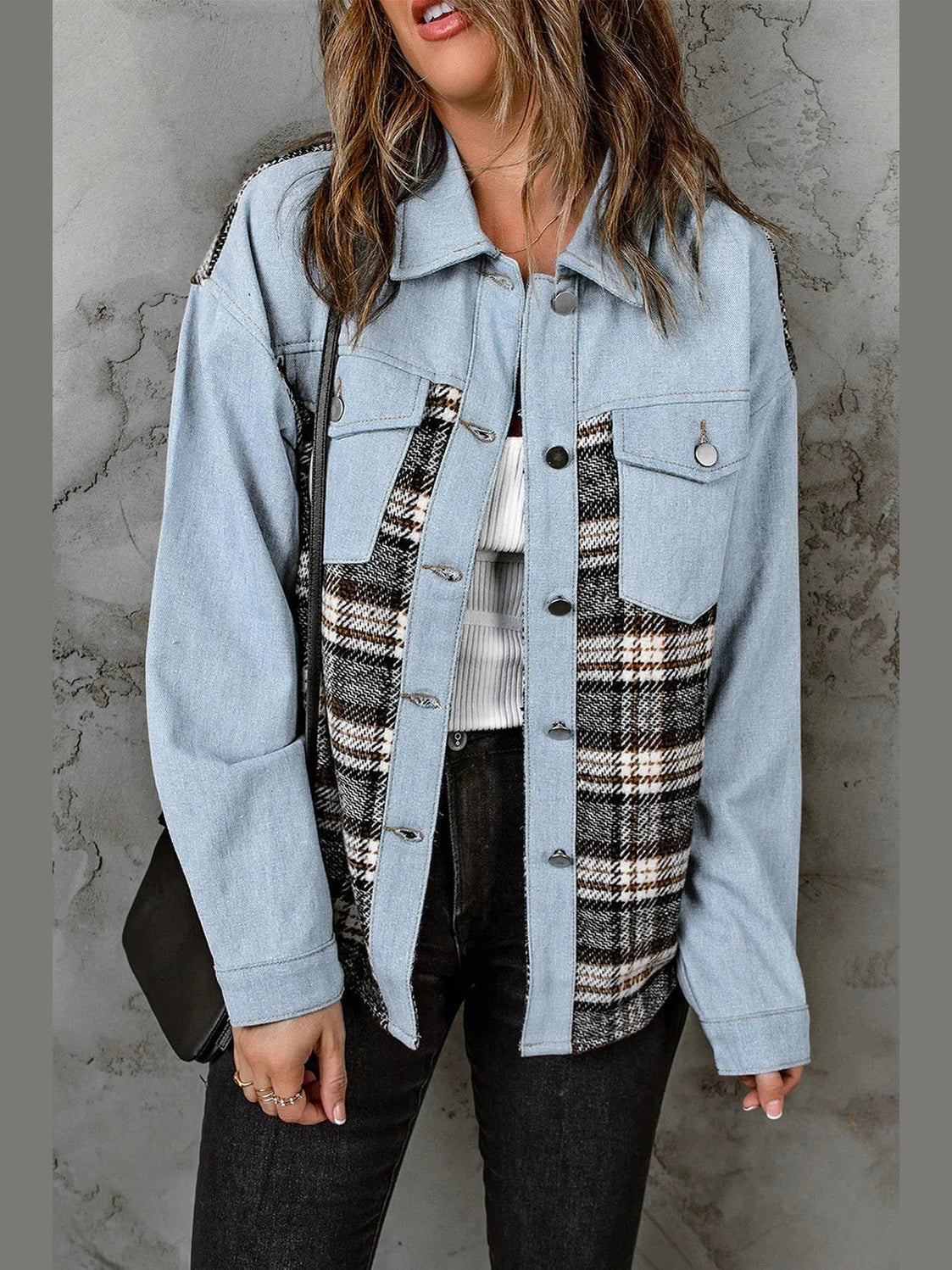 Plaid Pocketed Button Up Denim Jacket nicholesgifts
