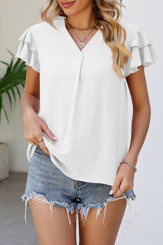 Ruffled V-Neck Short Sleeve Blouse nicholesgifts