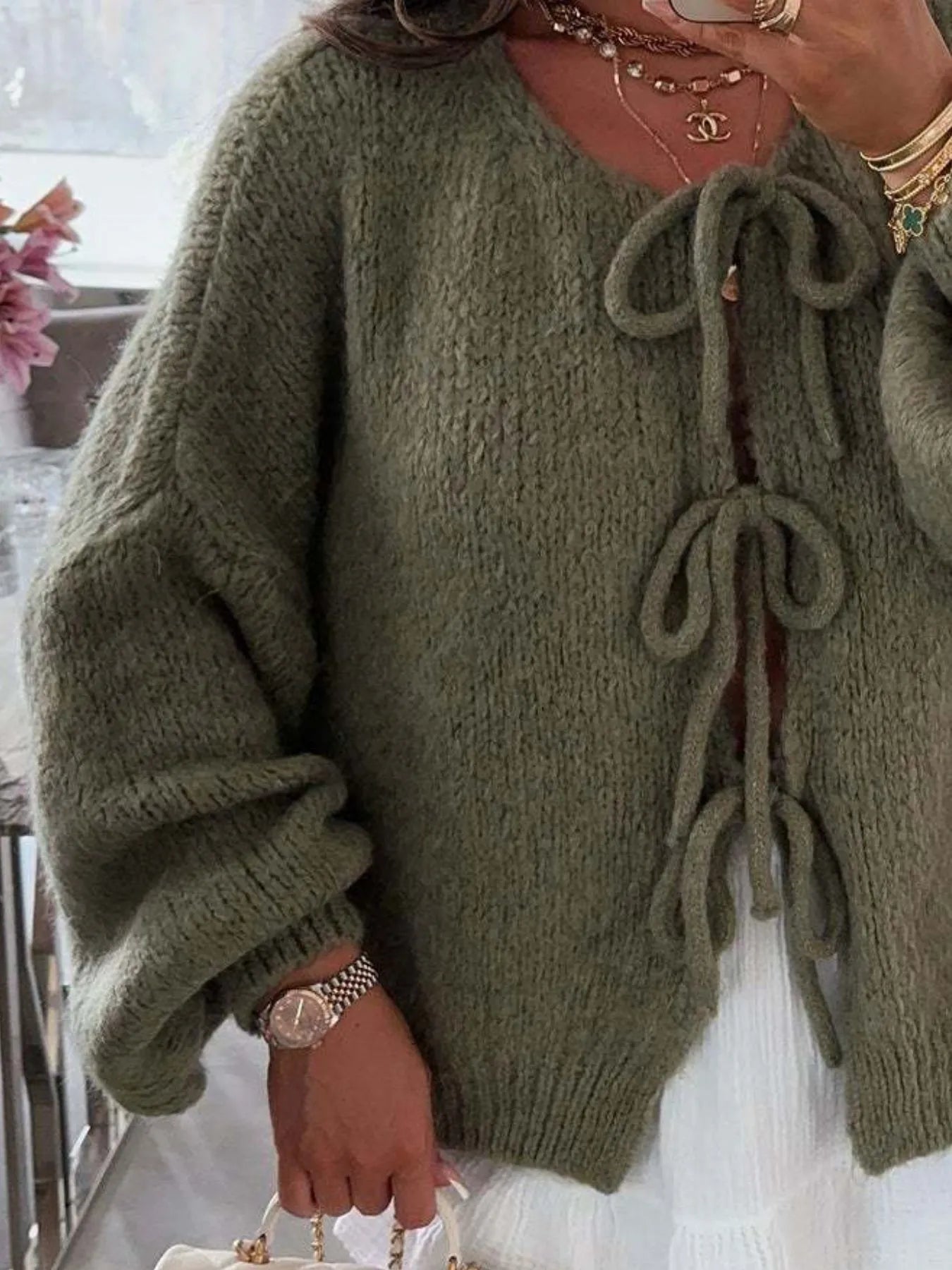 Cozy Bow-Tie Front Knit Cardigan