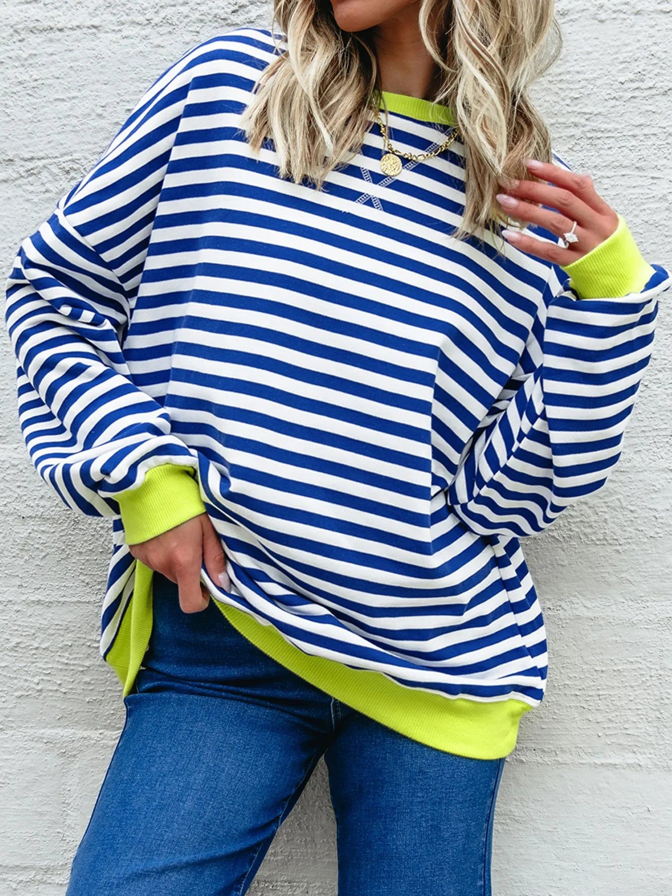 Striped Contrast Ribbed Trim Drop Shoulder Sweatshirt