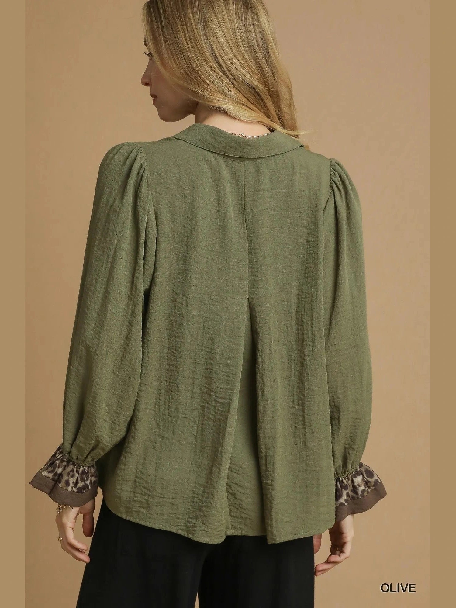 Umgee Half Button Blouse with Leopard Print Trim NicholesGifts