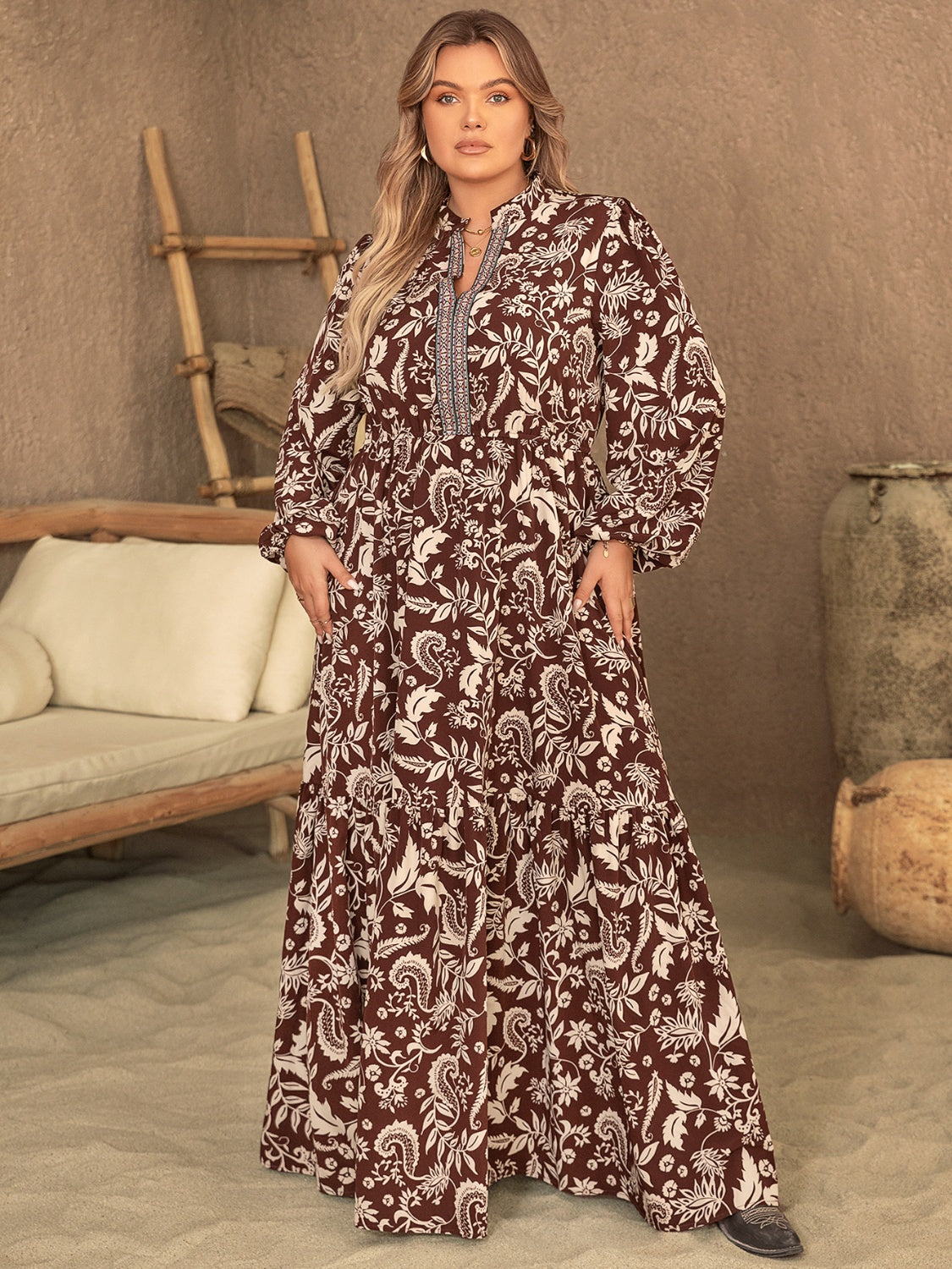 Plus Size Notched Balloon Sleeve Printed Maxi Dress - NicholesGifts