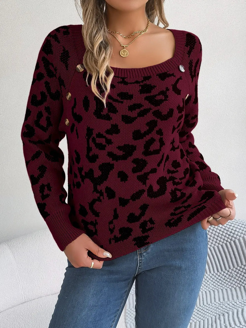Leopard Buttoned Square Neck Sweater Trendsi