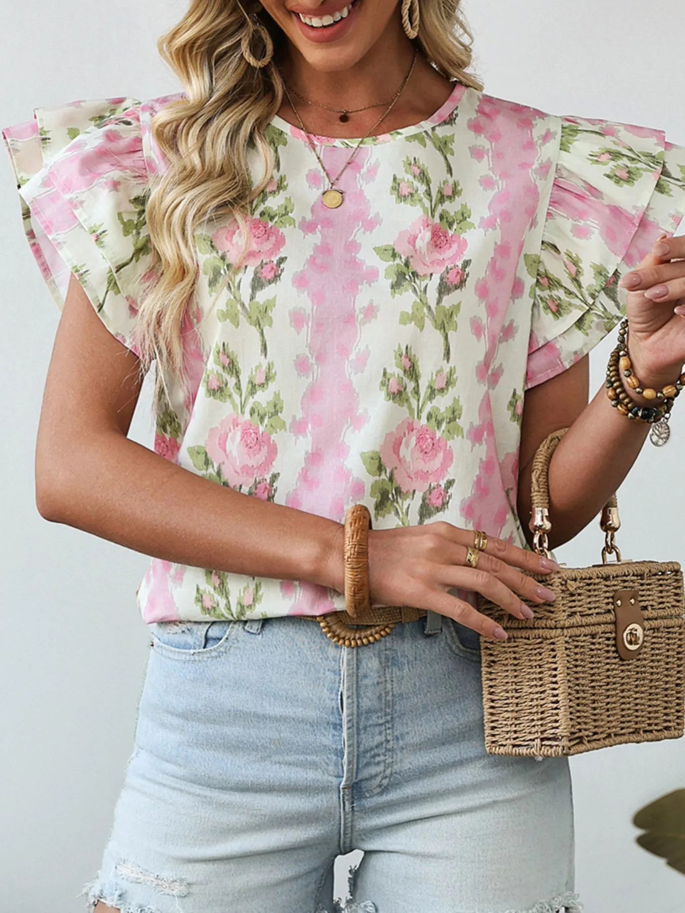 Floral Print Ruffled Sleeve Blouse NicholesGifts
