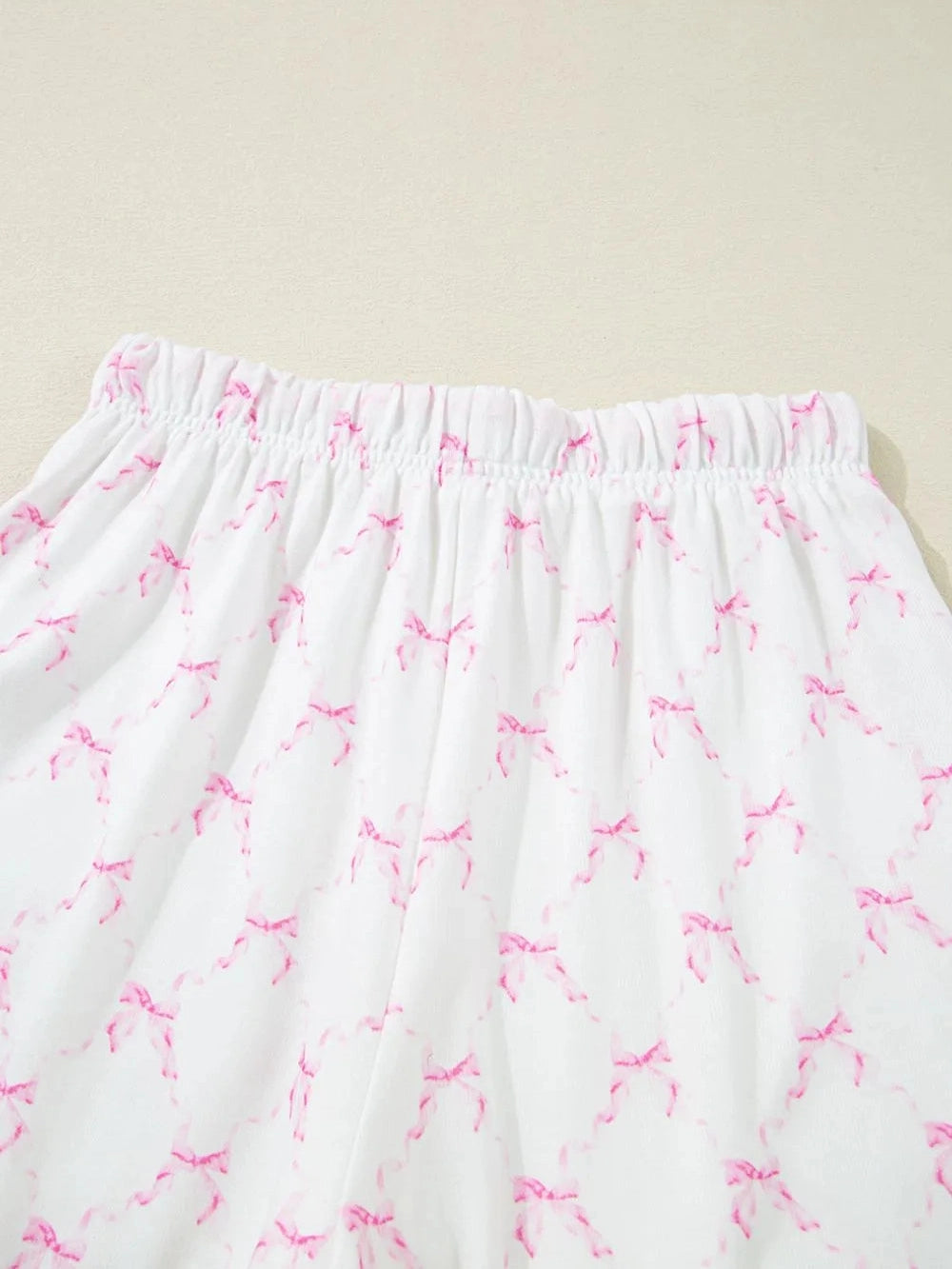 Bow Print Lettuce Trim Round Neck Top and Shorts Lounge Set nicholesgifts