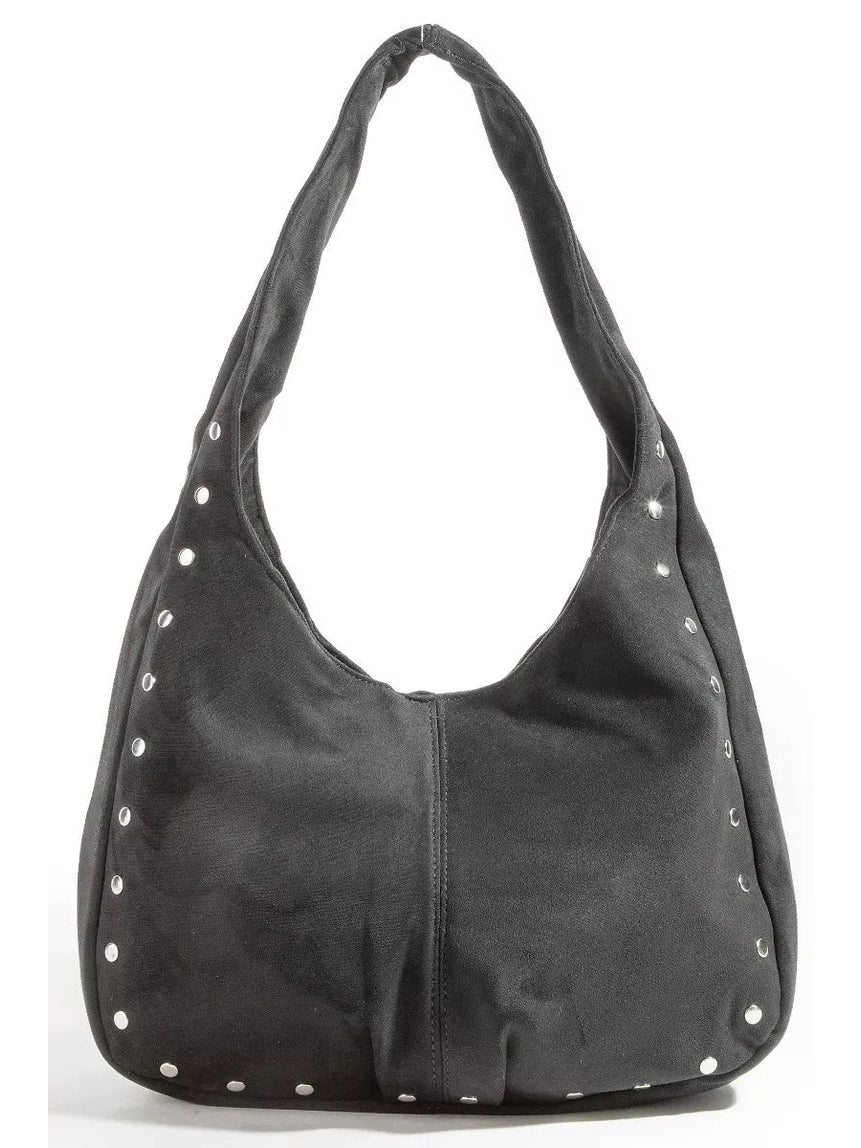 Fame Faux Suede Studded Trim Hobo Bag nicholesgifts