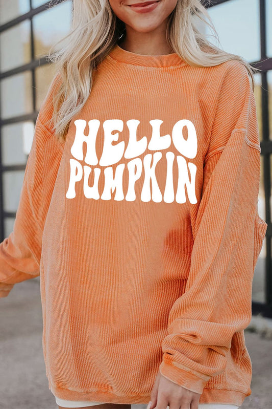 Round Neck Dropped Shoulder HELLO PUMPKIN Graphic Sweatshirt NicholesGifts