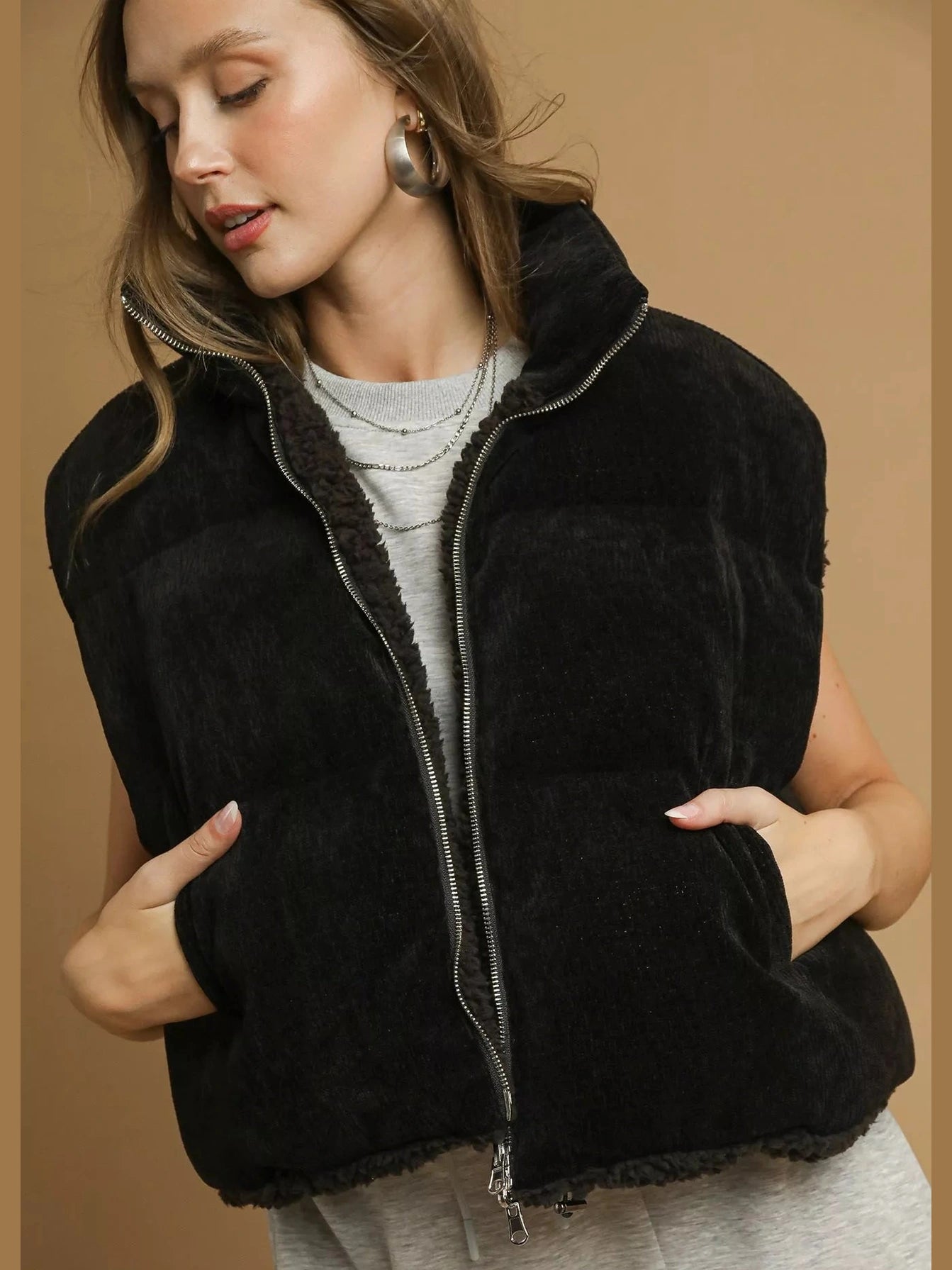 Umgee Sherpa-Lined Zip Vest with Drawstring Hem nicholesgifts