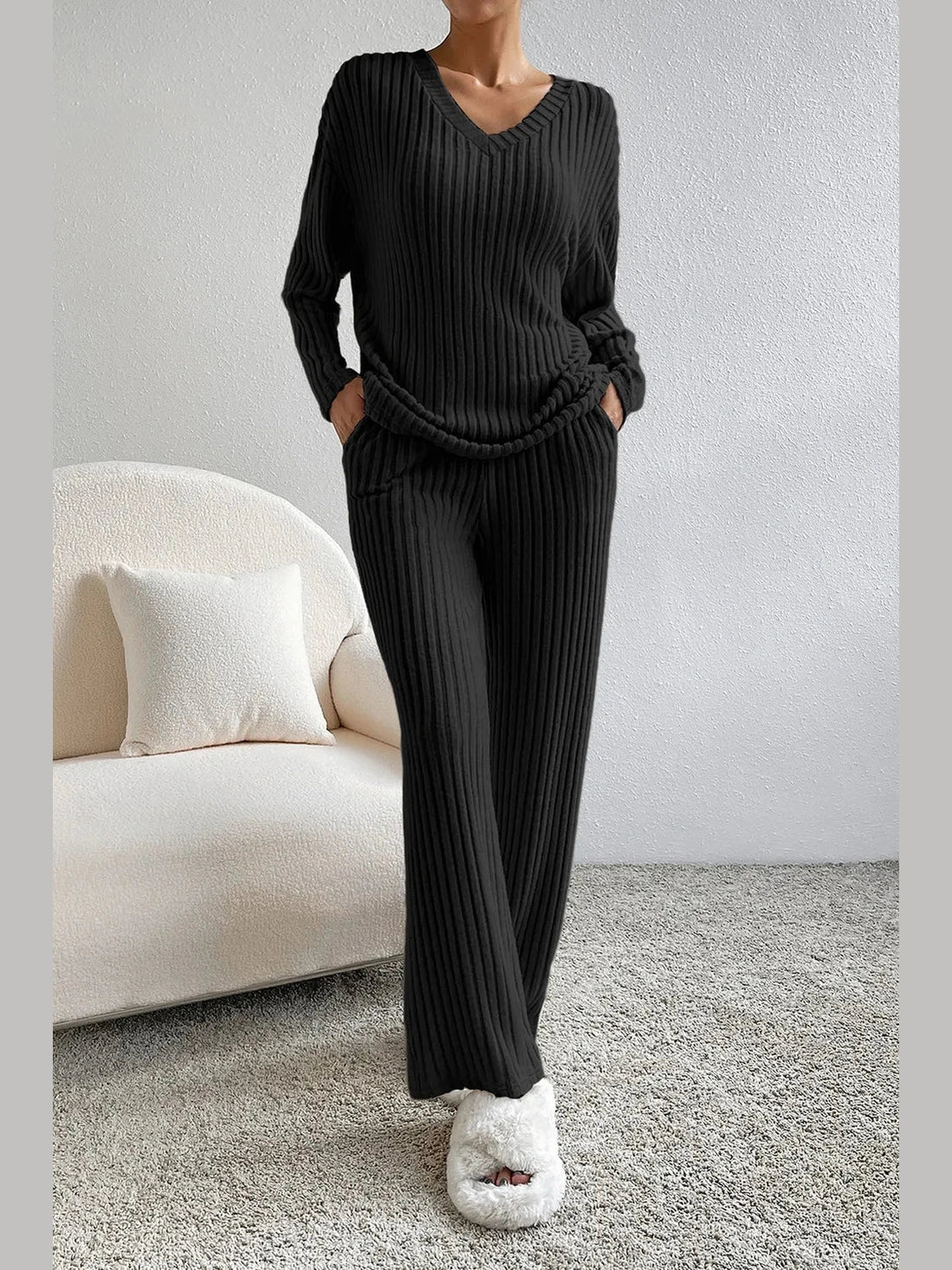 Ribbed V-Neck Top and Pants Lounge Set nicholesgifts