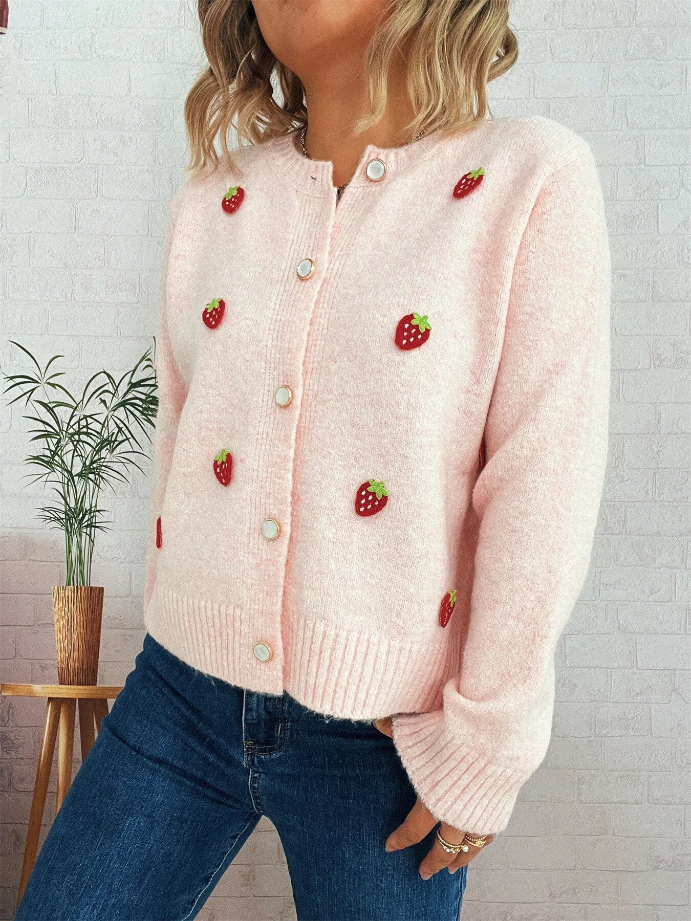 Strawberry Button Up Long Sleeve Cardigan Trendsi