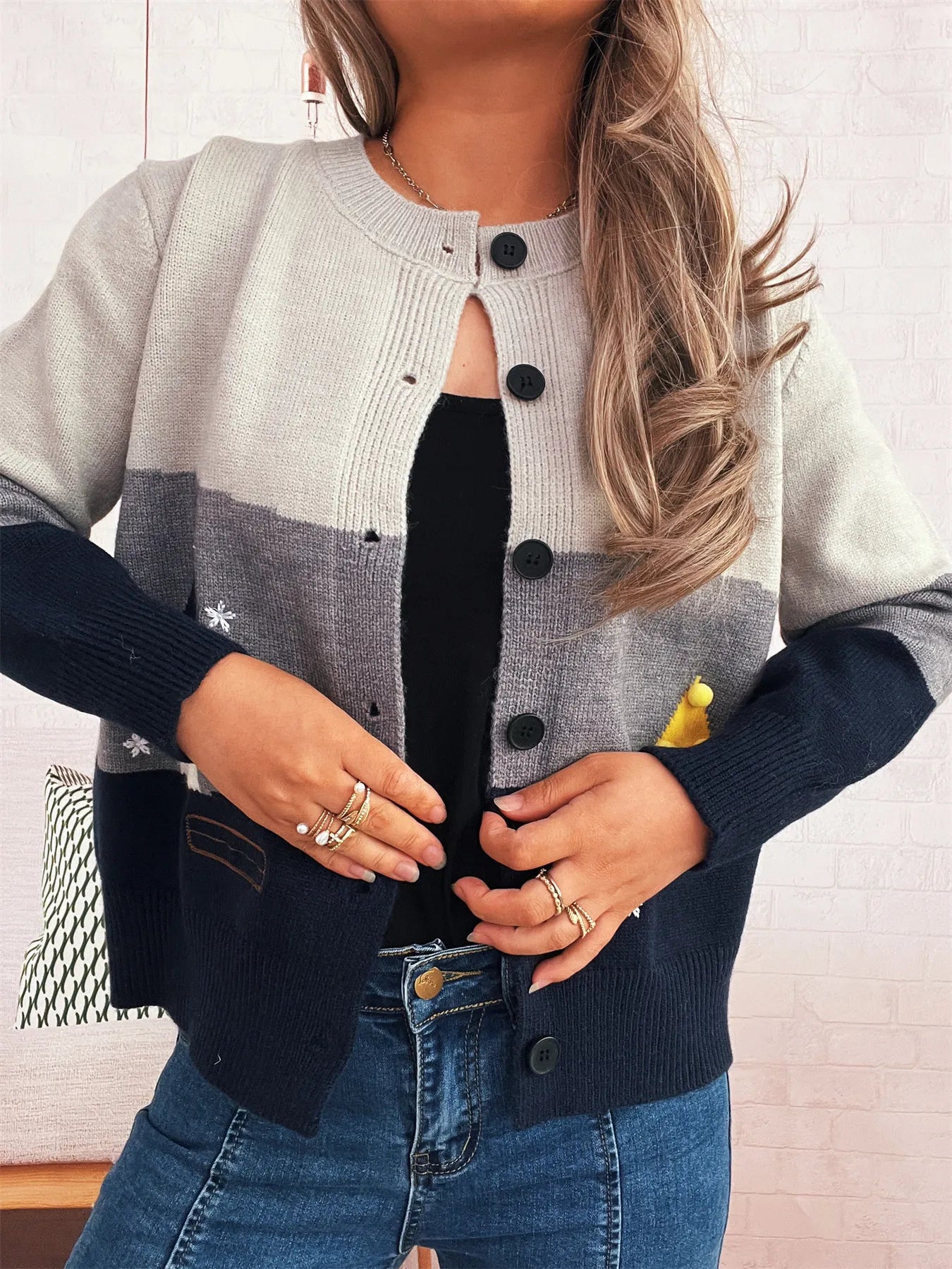 Women Color Block Button-Up Cardigan
