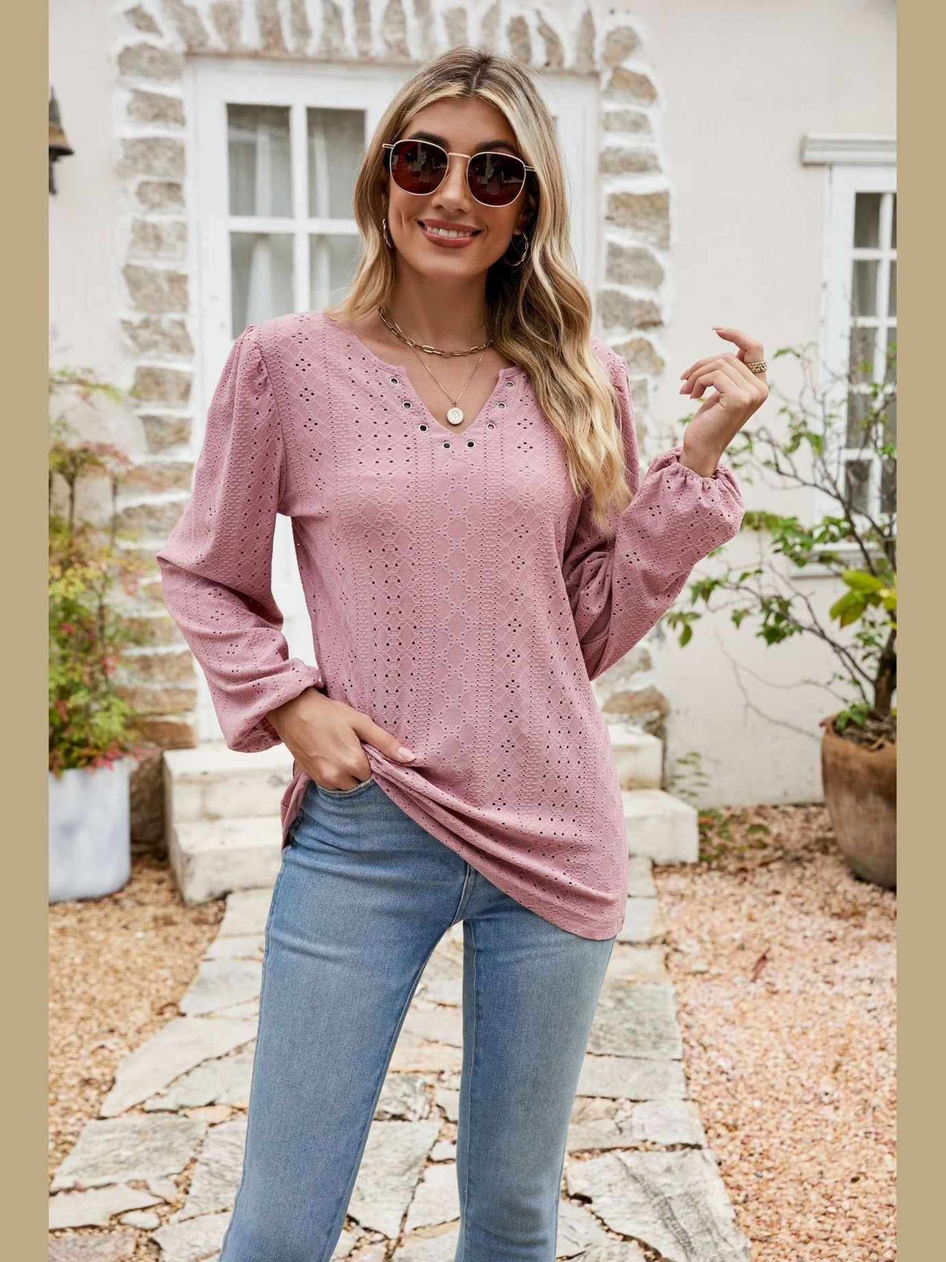 Eyelet Notched Neck Balloon Sleeve Blouse