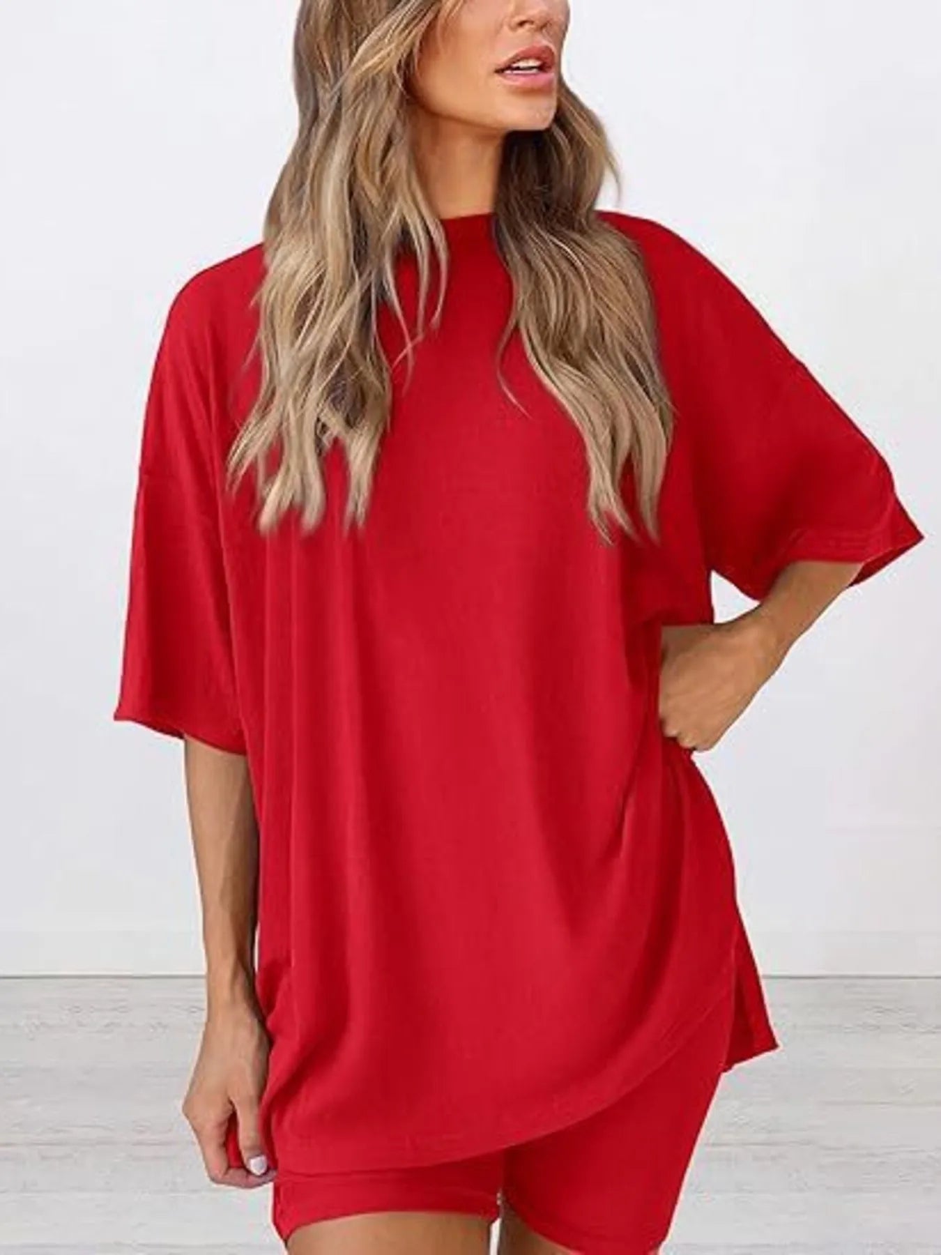 Full Size Oversized Slit Round Neck Top and Shorts Lounge Set Plus Size nicholesgifts