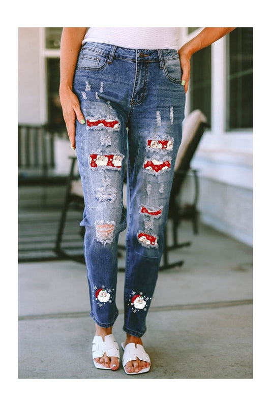 Santa Graphic Distressed Jeans with Pockets NicholesGifts