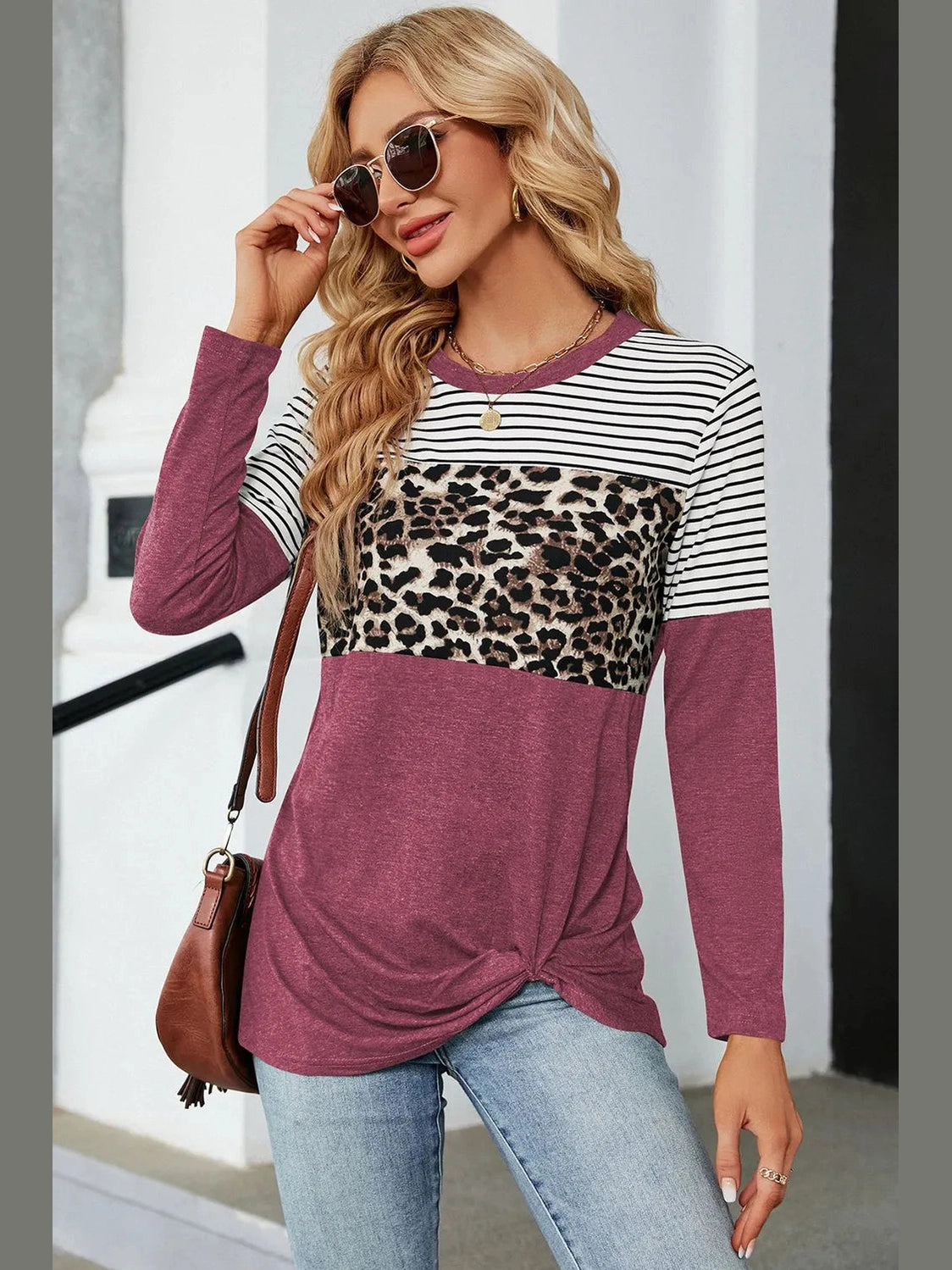 Leopard Striped Round Neck T-Shirt NicholesGifts