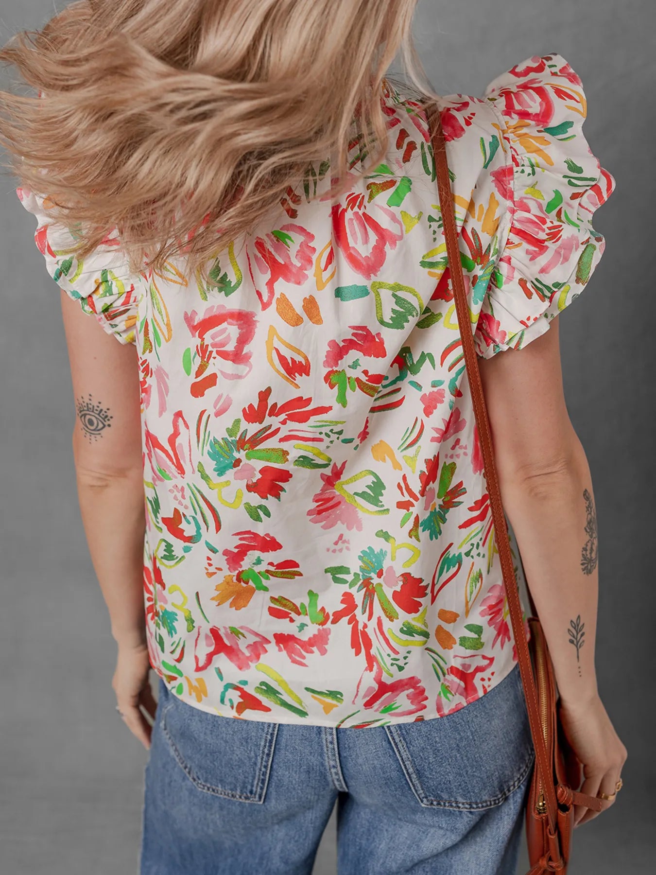 Multicolour Floral Printed Cap Sleeve Split Neck Blouse NicholesGifts