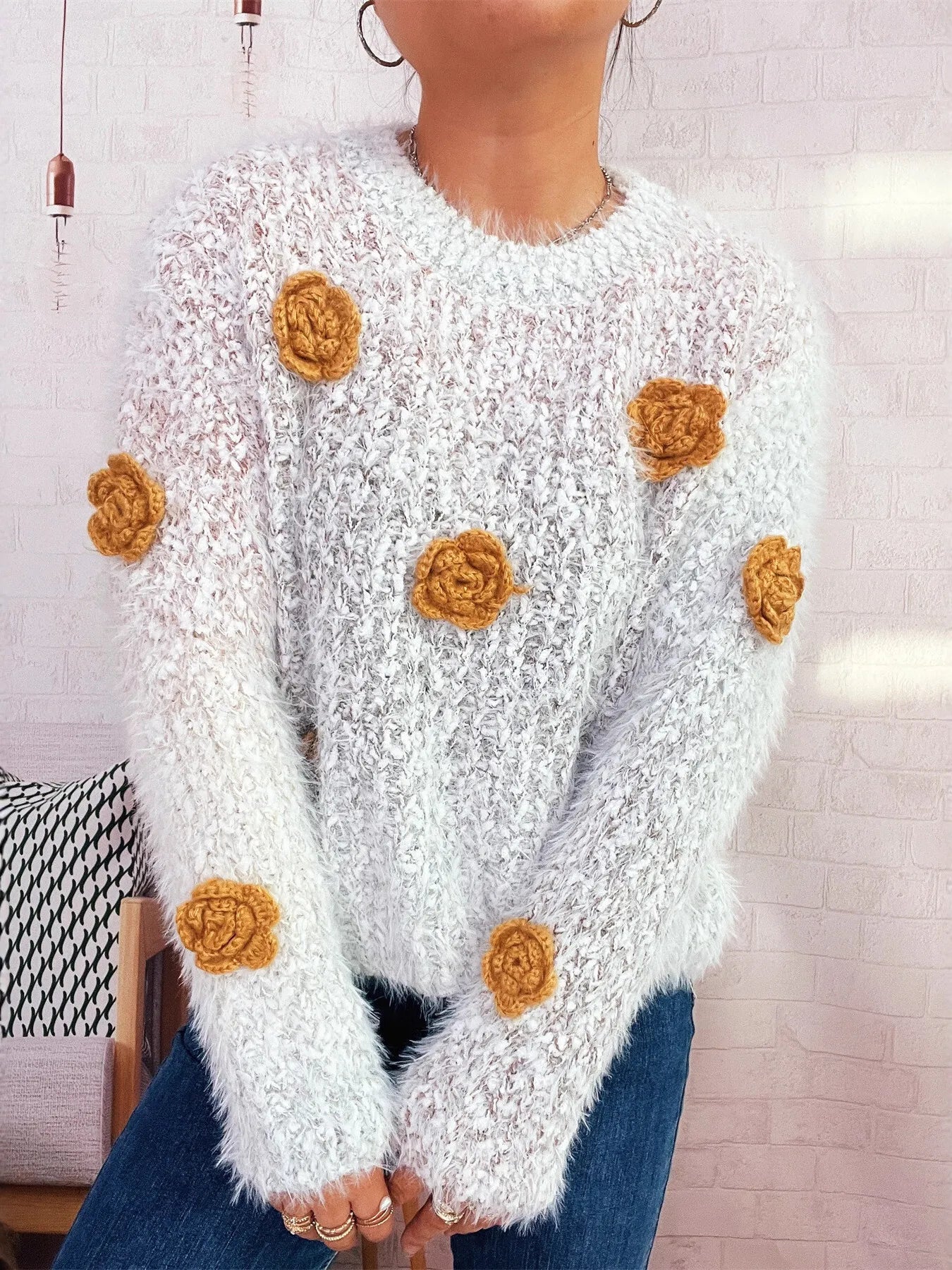Flower Embellished Round Neck Sweater