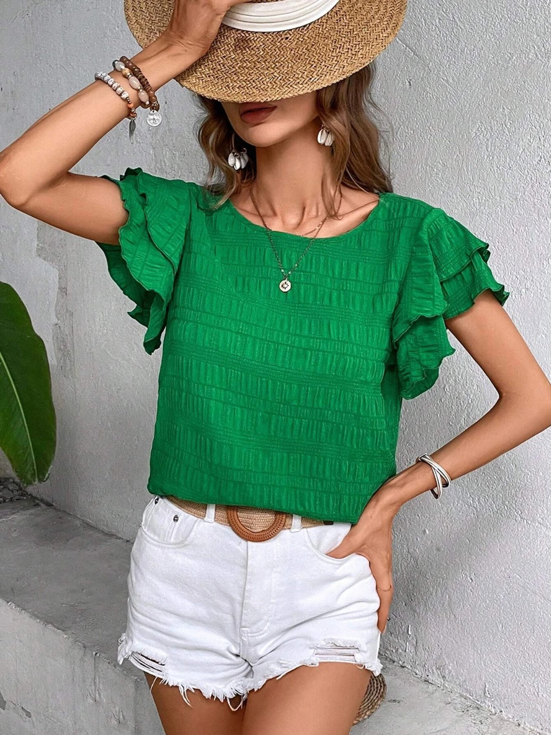 Women Round Neck Flounce Sleeve Blouse nicholesgifts