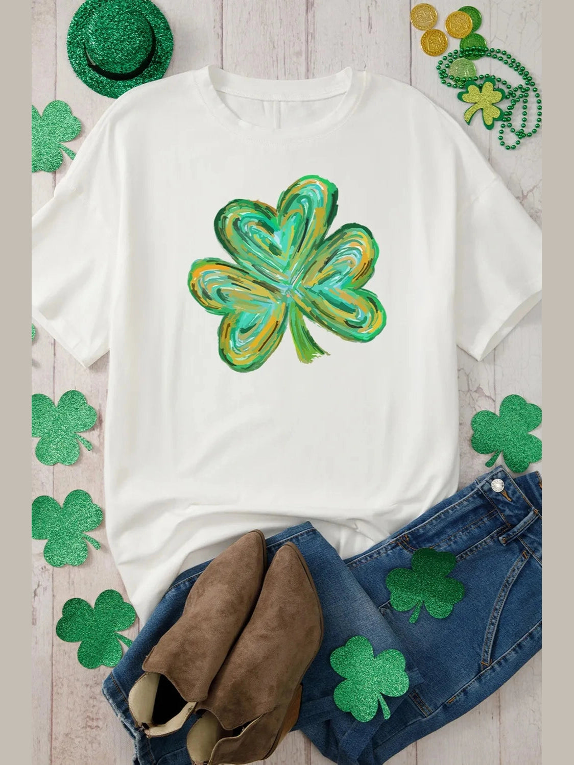 Lucky Clover Round Neck Short Sleeve T-Shirt nicholesgifts