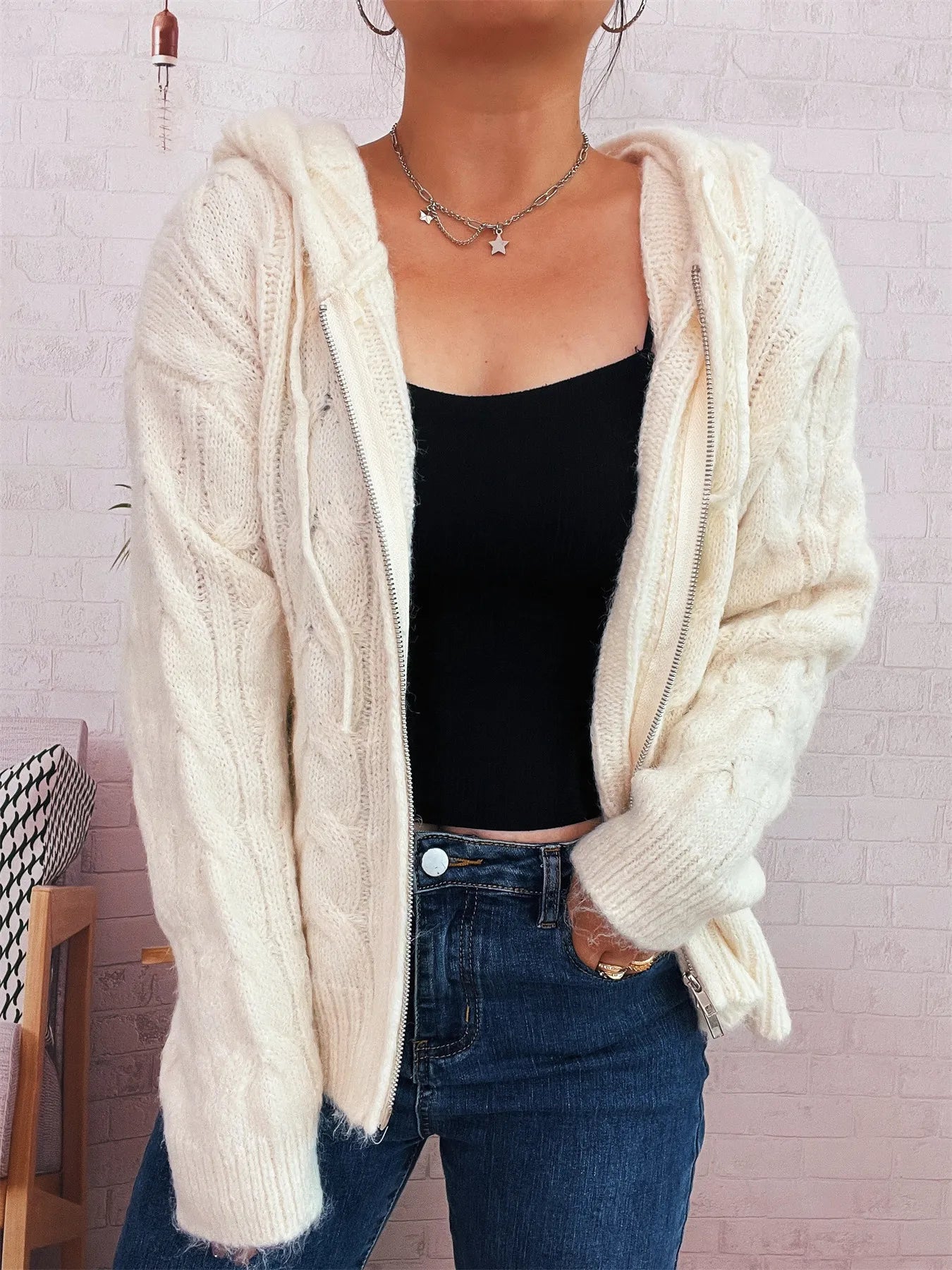 Cable Knit Hooded Zip-Up Cardigan