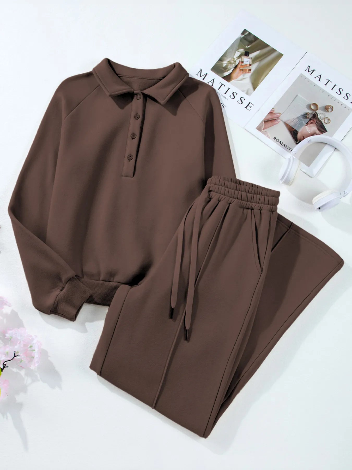 Collared Sweatshirt and High Waist Pants Active Set nicholesgifts
