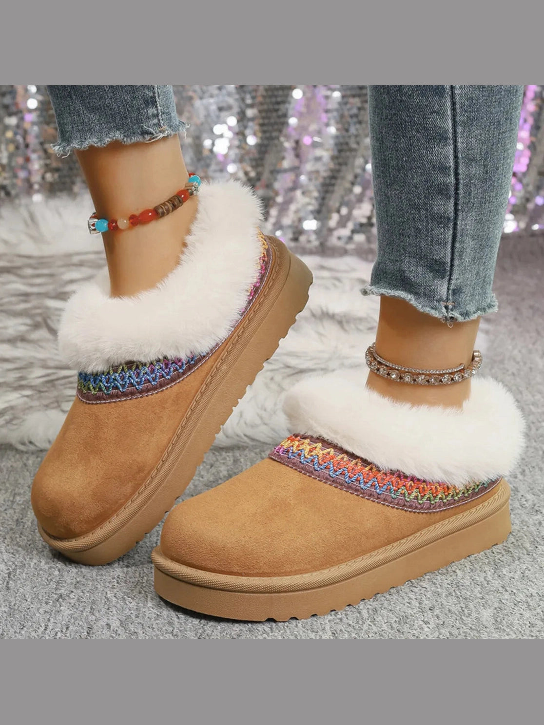 Fur-Lined Platform Boots with Decorative Woven Strap Trendsi