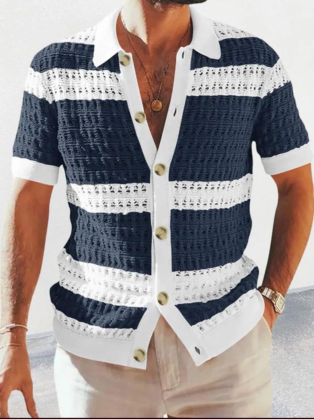 Men's Button Down Collared Neck Contrast Openwork Shirt NicholesGifts