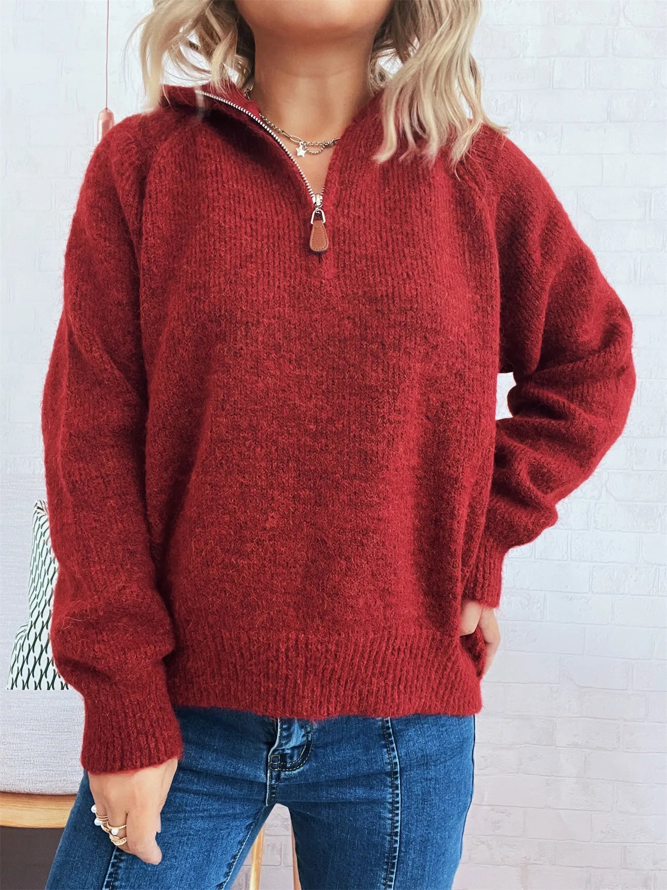 Quarter Zip Ribbed Hem Sweater