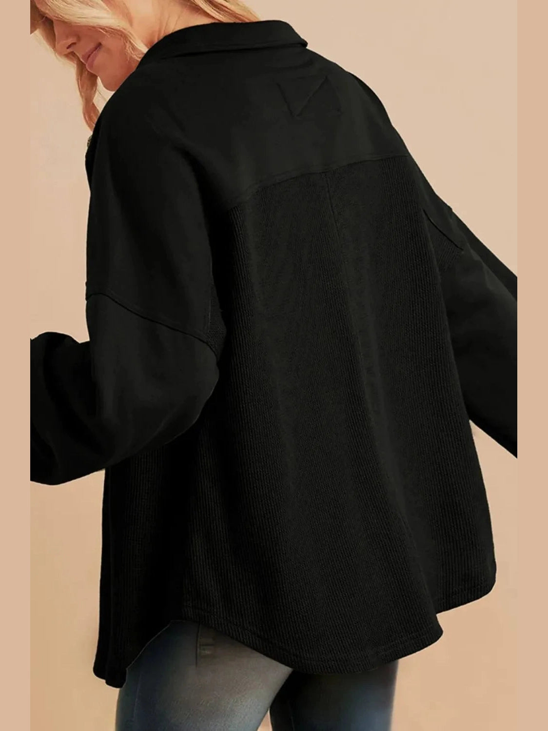 Waffle-Knit Collared Neck Long Sleeve Shacket