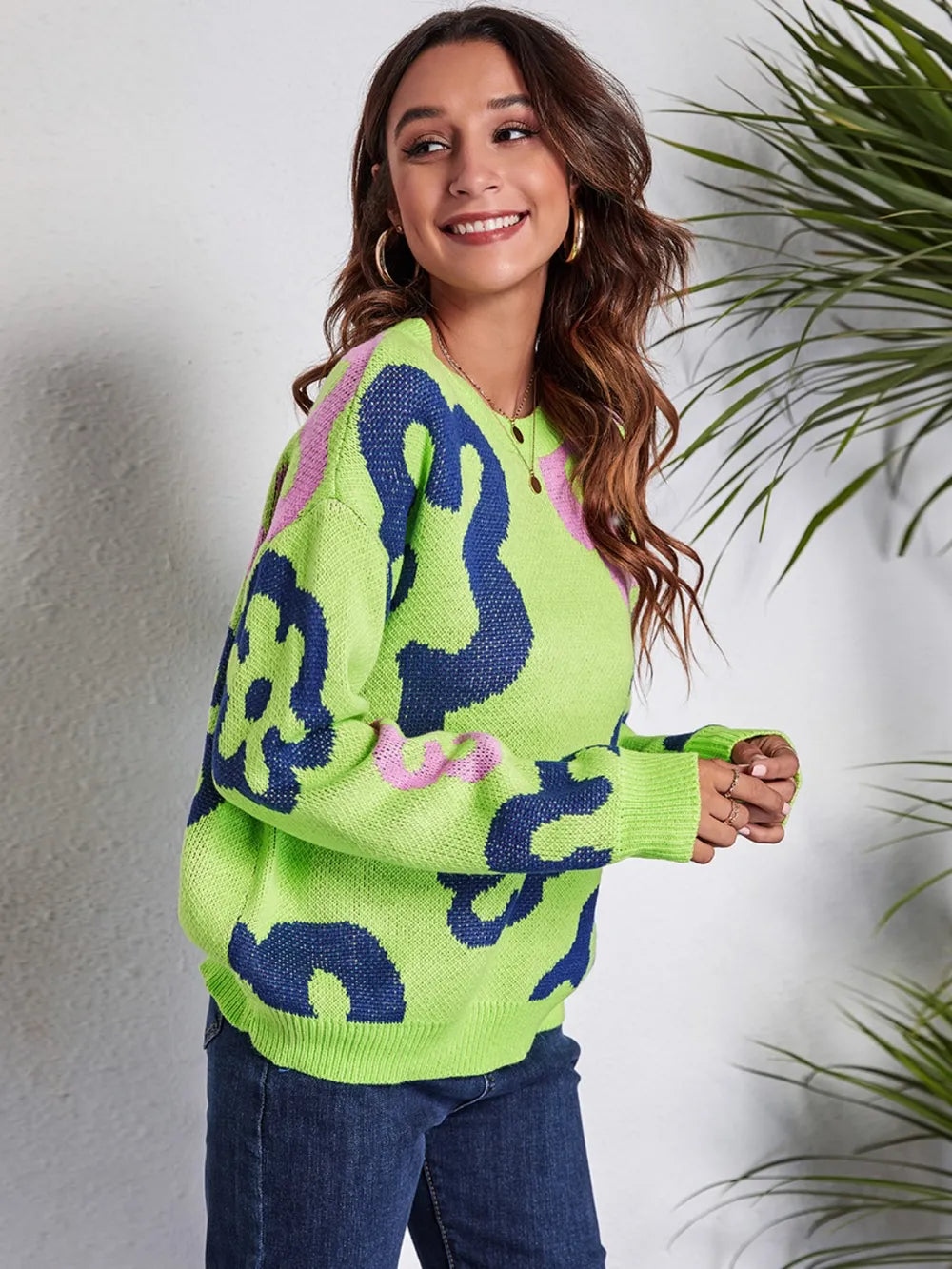 Flower Pattern Round Neck Long Sleeve Sweater Trendsi