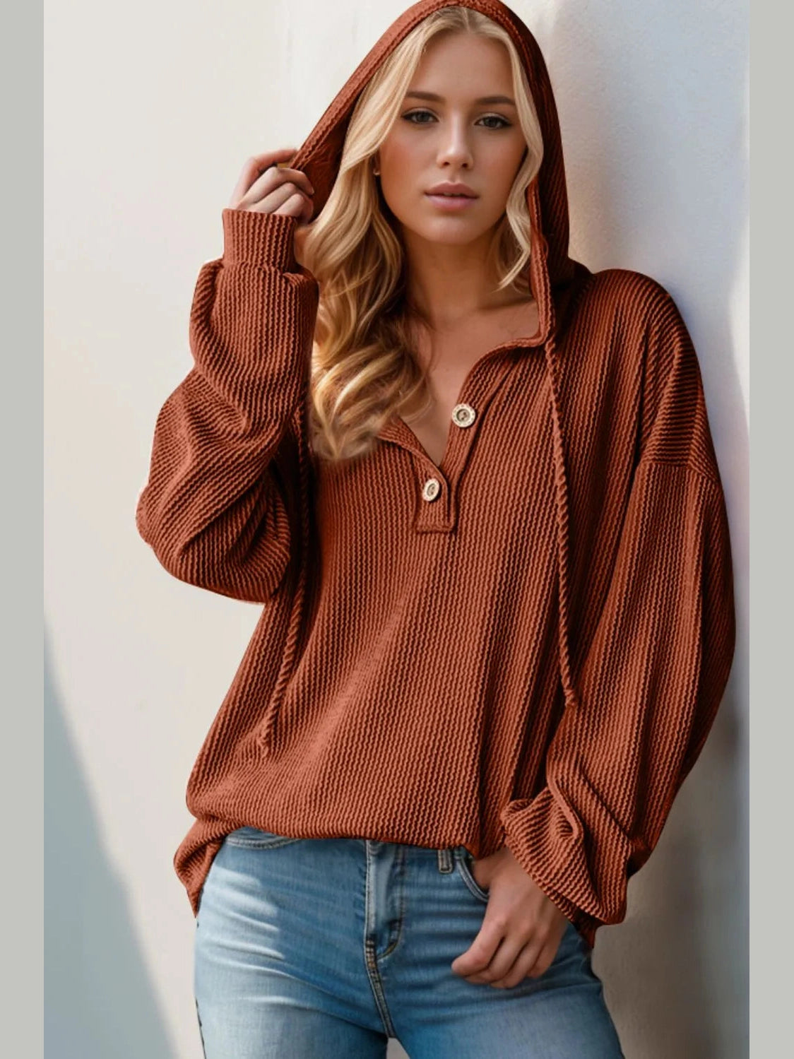 Double Take Full Size Half Button Long Sleeve Hoodie Trendsi