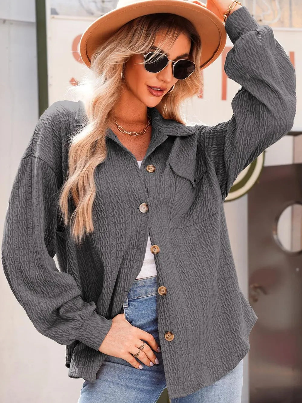Textured Button Up Long Sleeve Shacket nicholesgifts