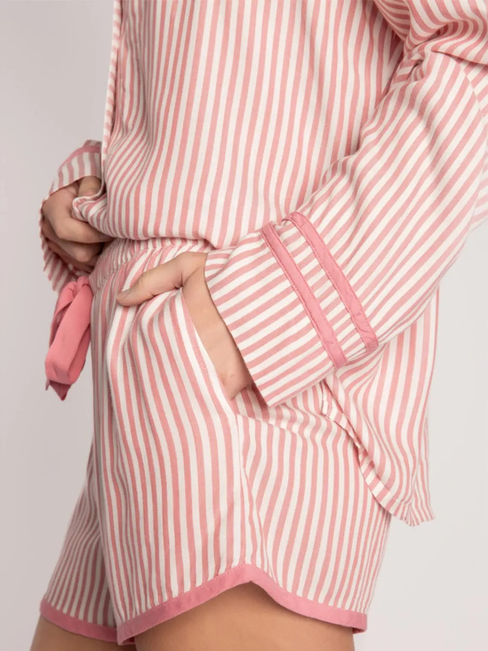Striped Collared Neck Long Sleeve Top and Shorts Lounge Set nicholesgifts