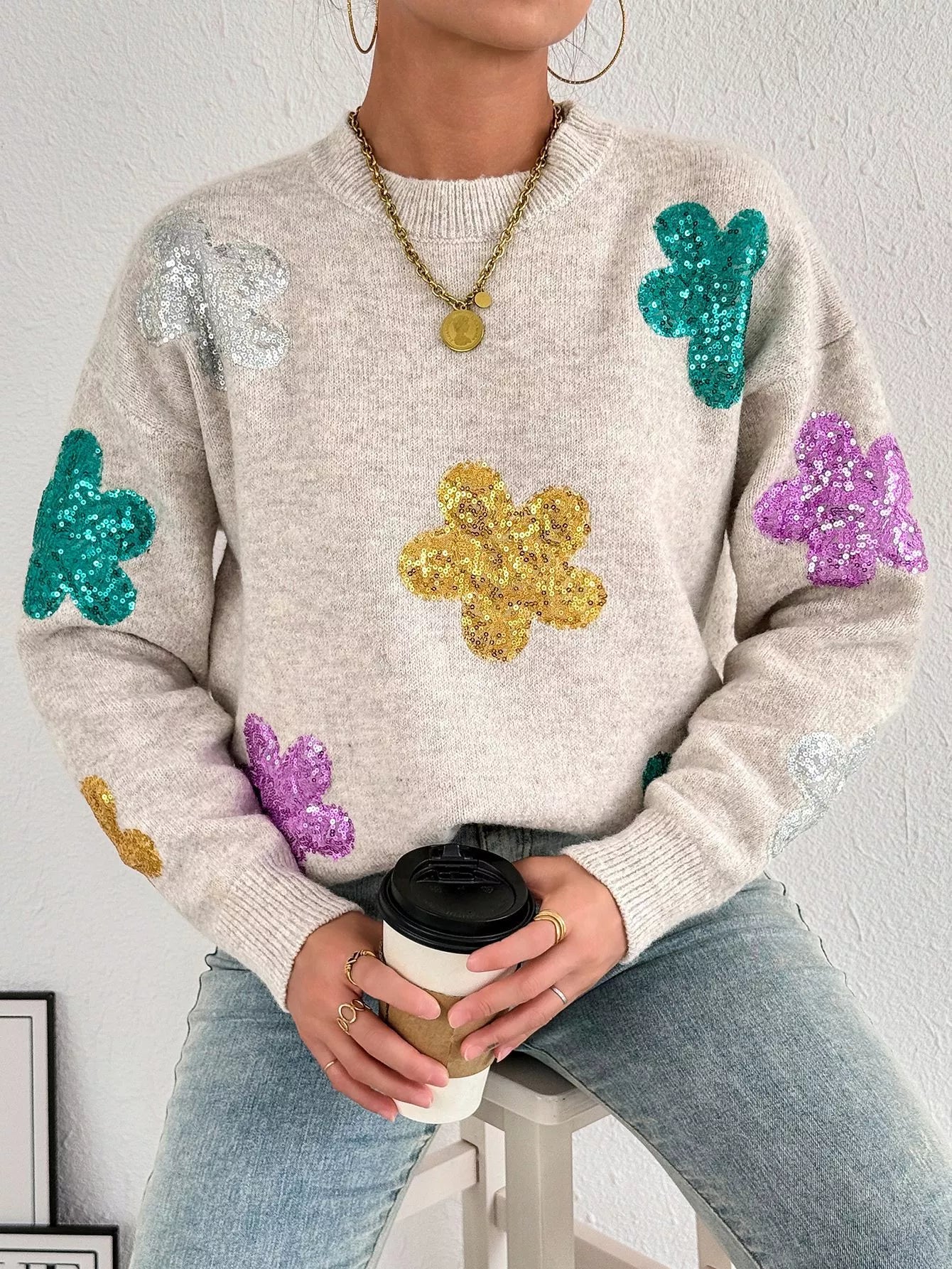 Sequined Floral Round Neck Sweater NicholesGifts