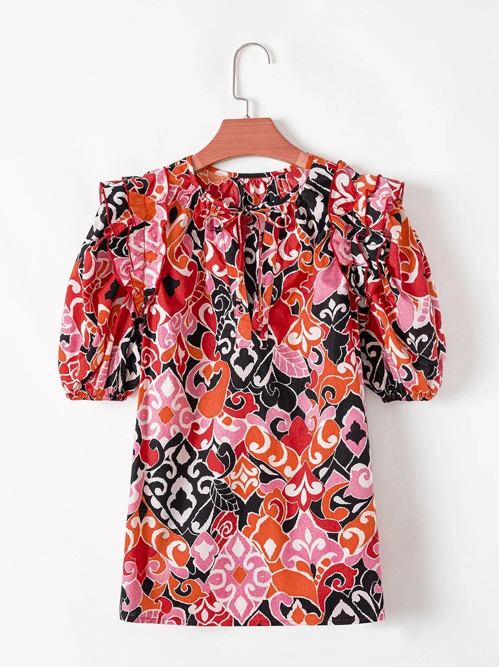 Ethnic Print Split Neck Short Puff Sleeve Blouse NicholesGifts